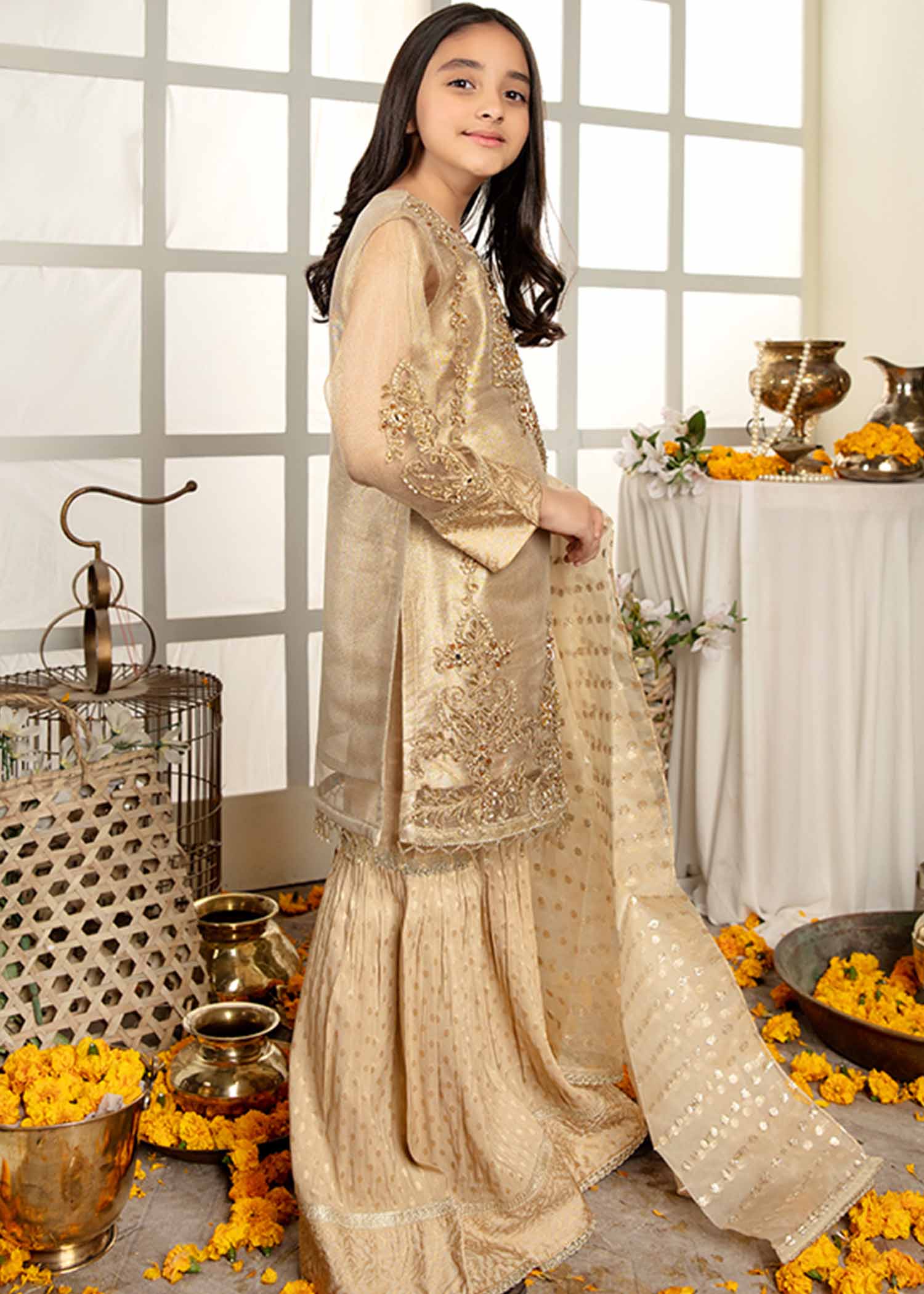 zari net Gharara in Gold
