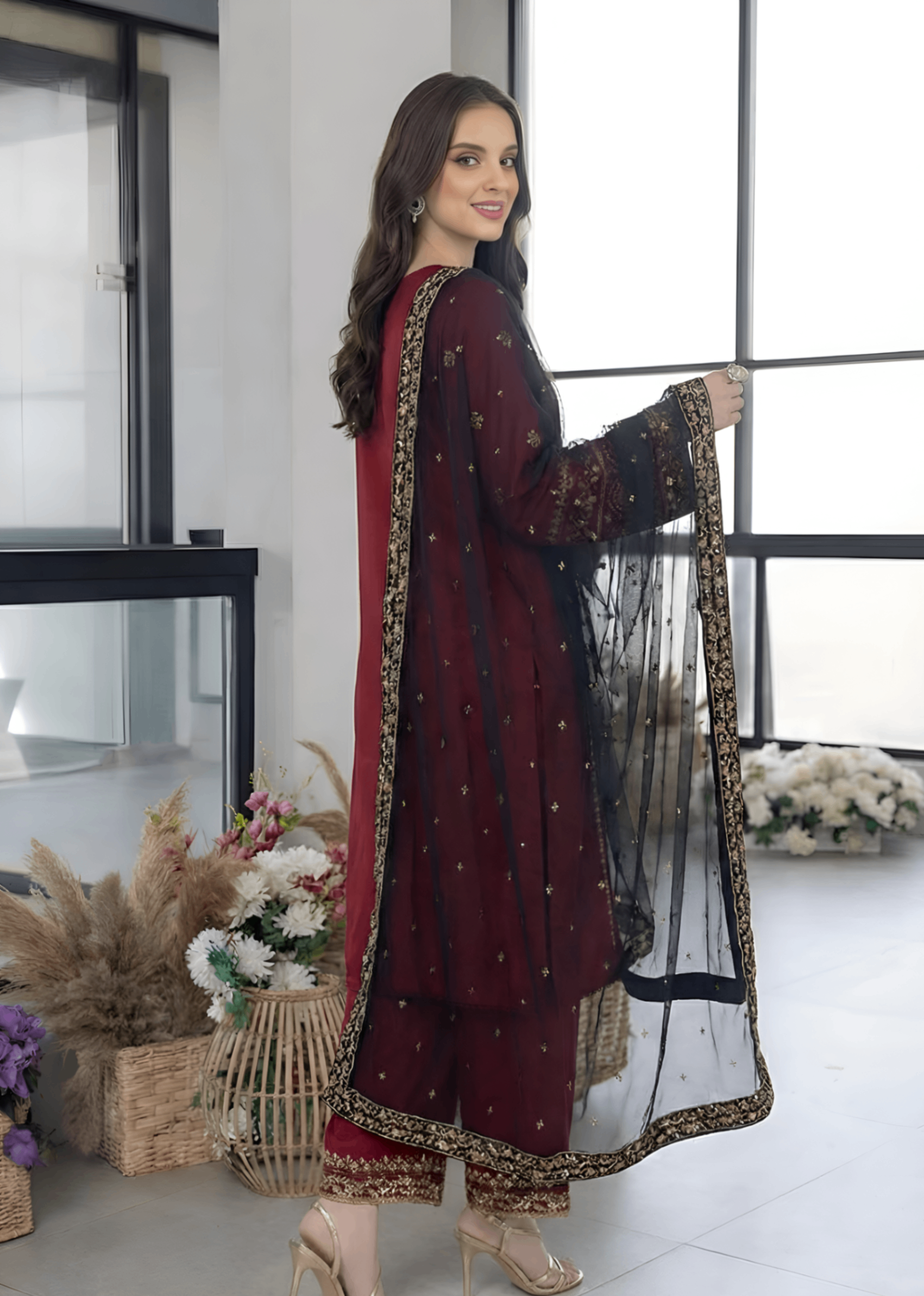 cambric Kurta Set in Crimson