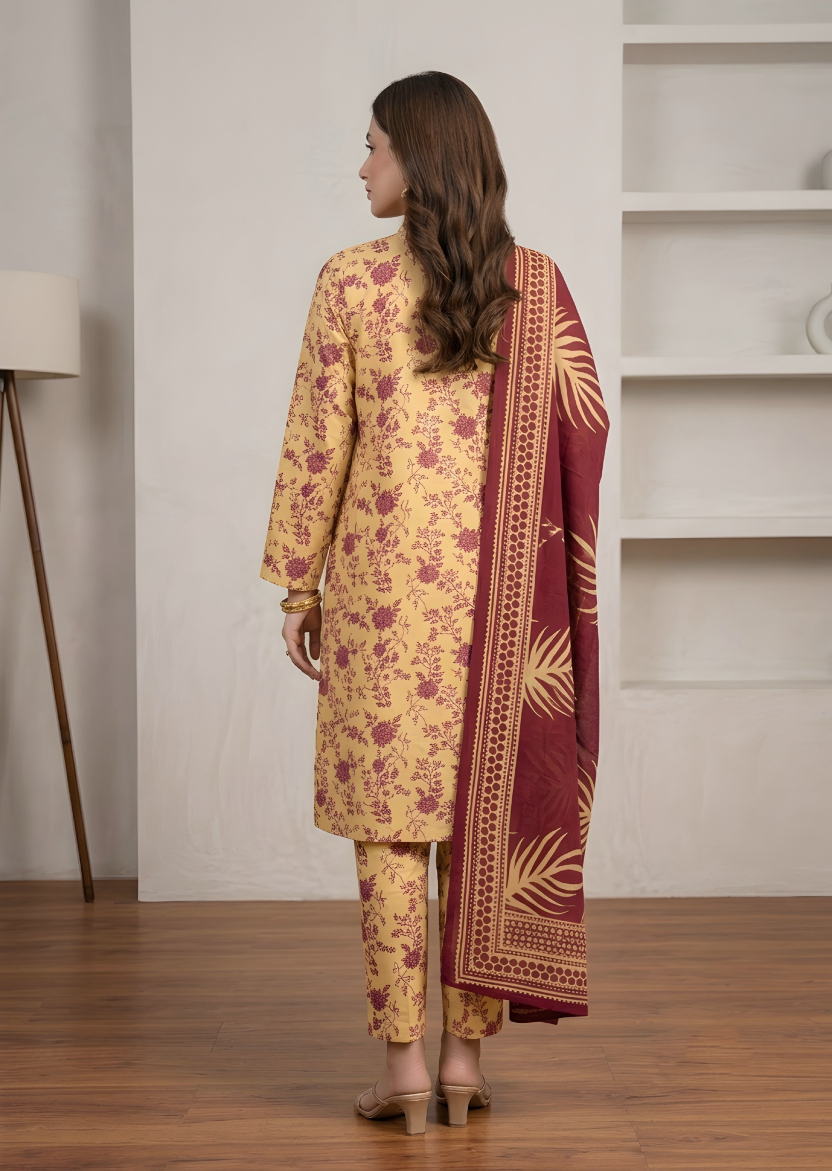 khaddar Kurta Set in Butter, burgundy