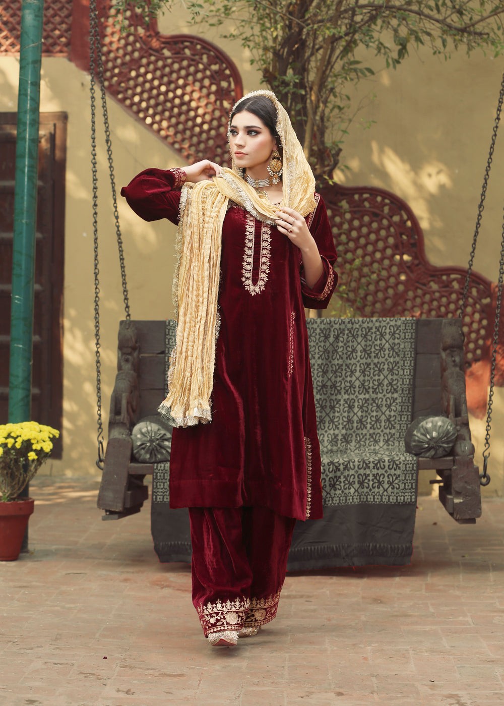 velvet Kurti in Maroon