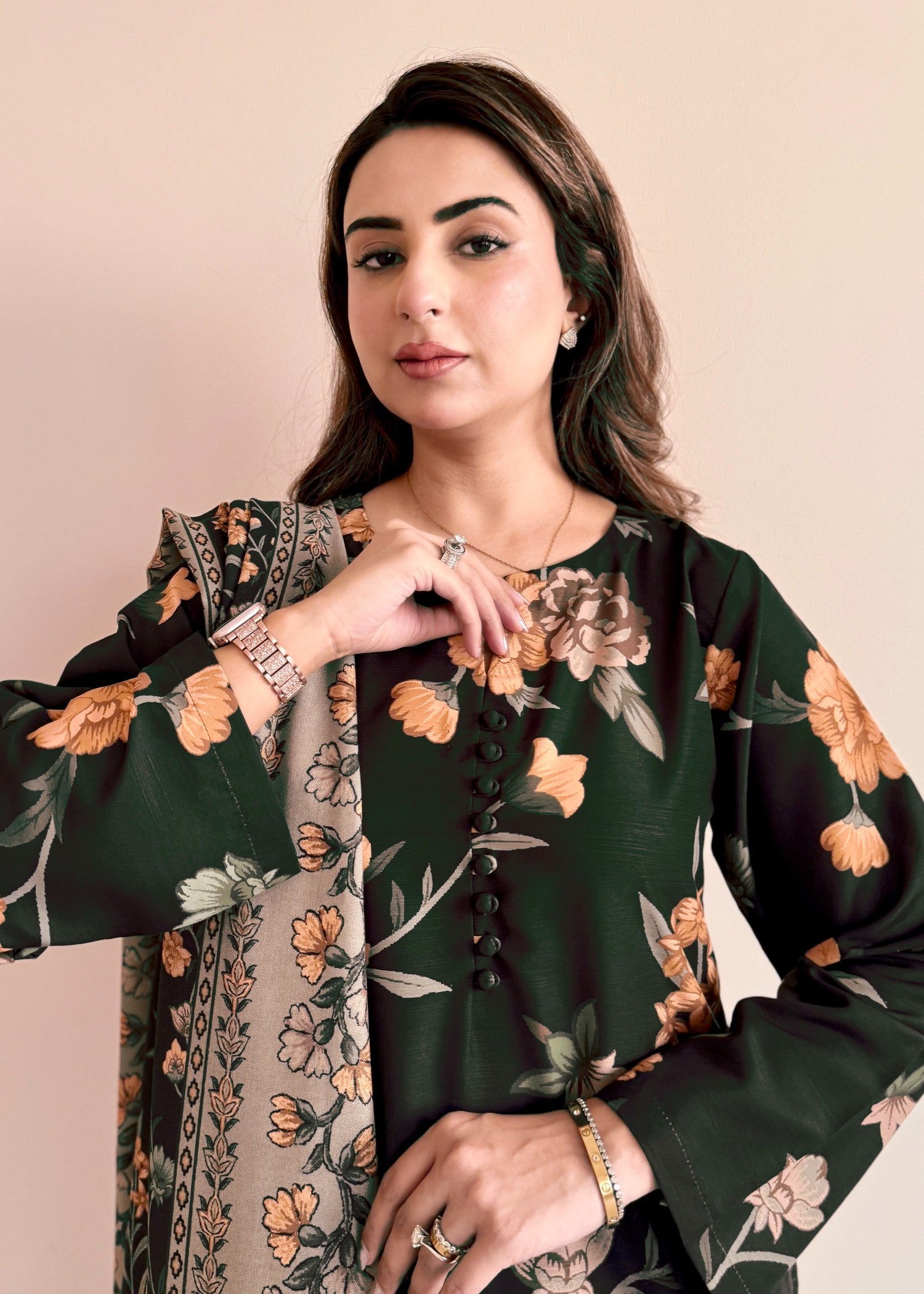 khaddar Kurta Set in Dark green