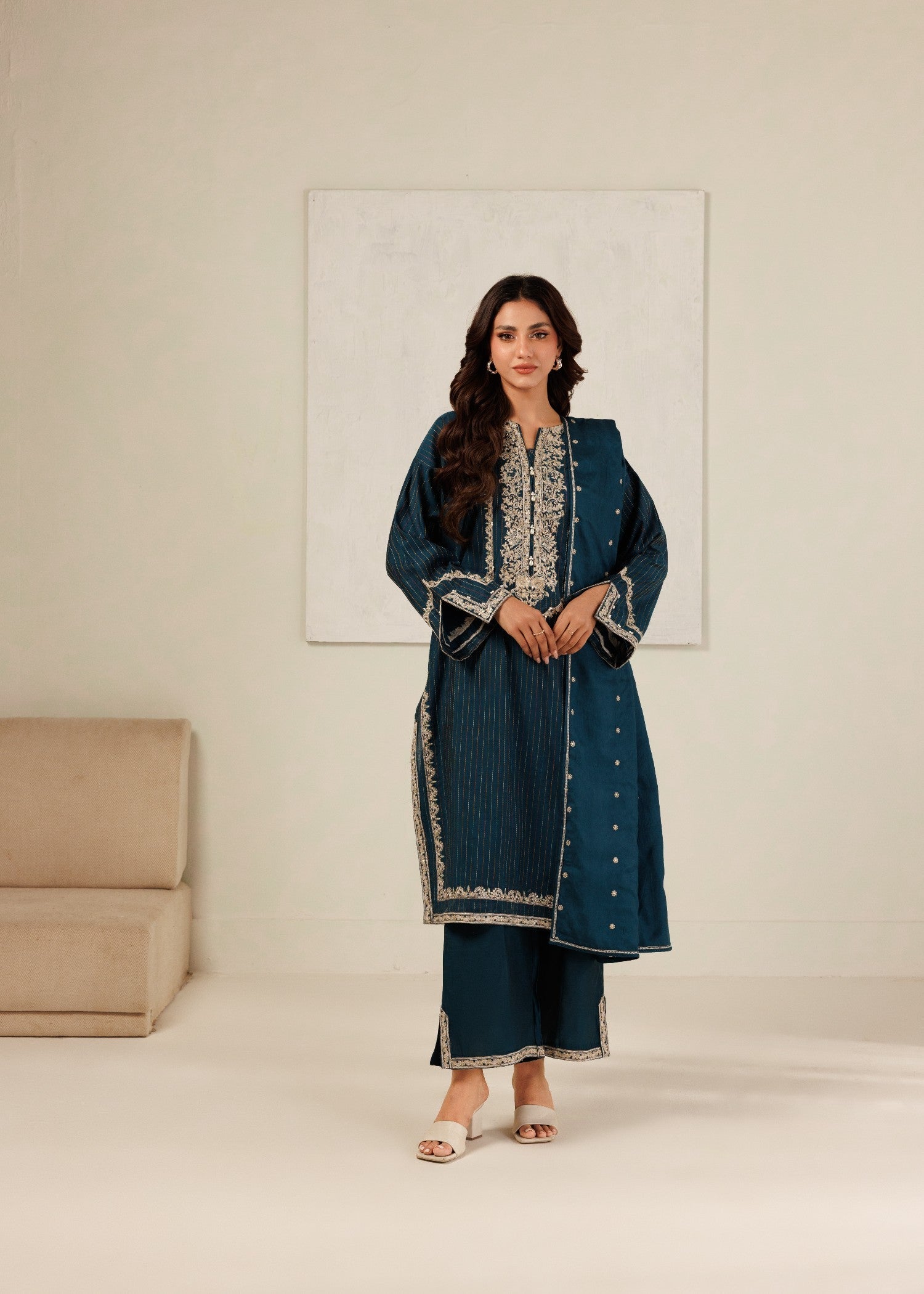 yarn dyed Kurta Set in Teal