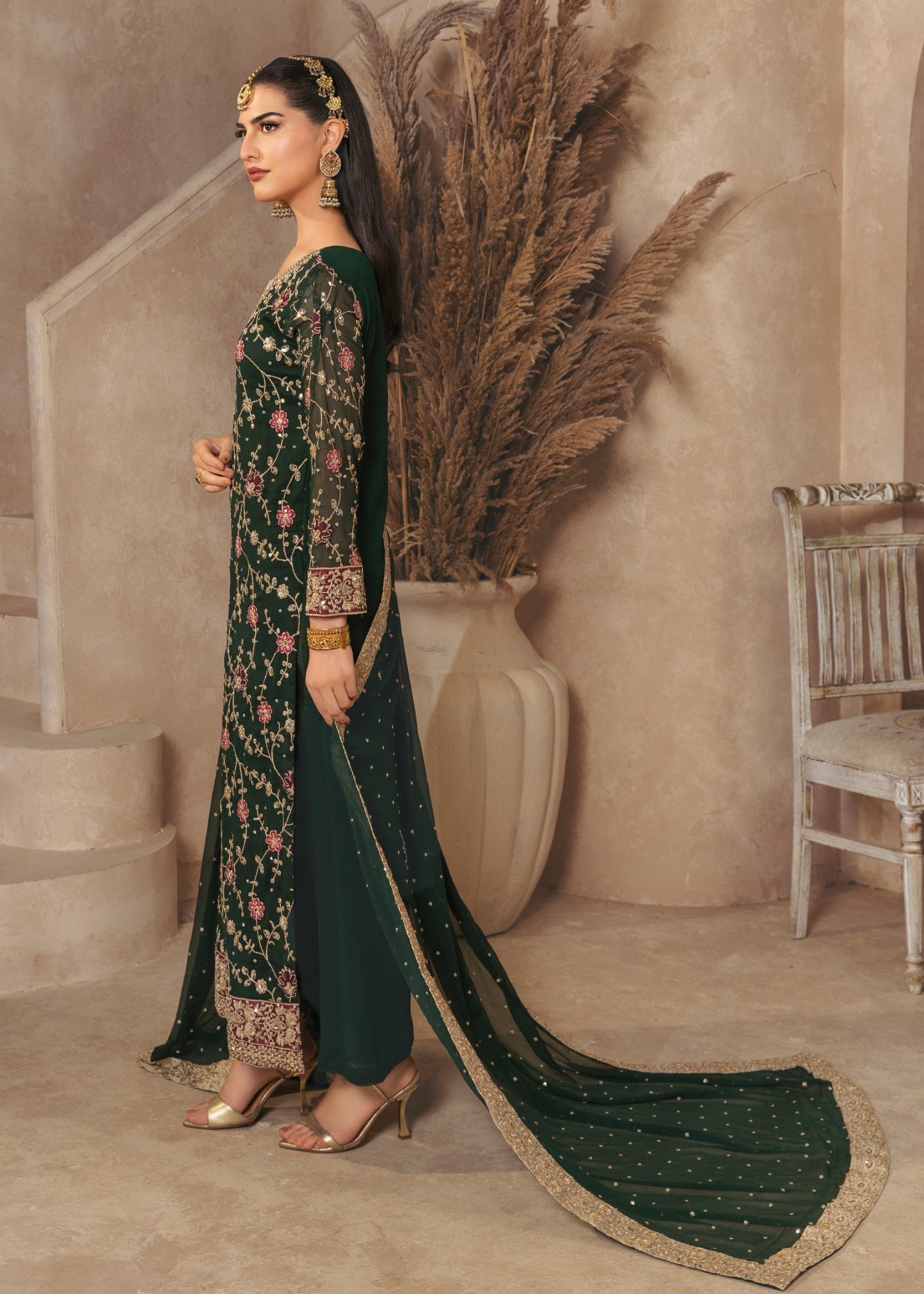 chiffon Kurta Set in Dark green