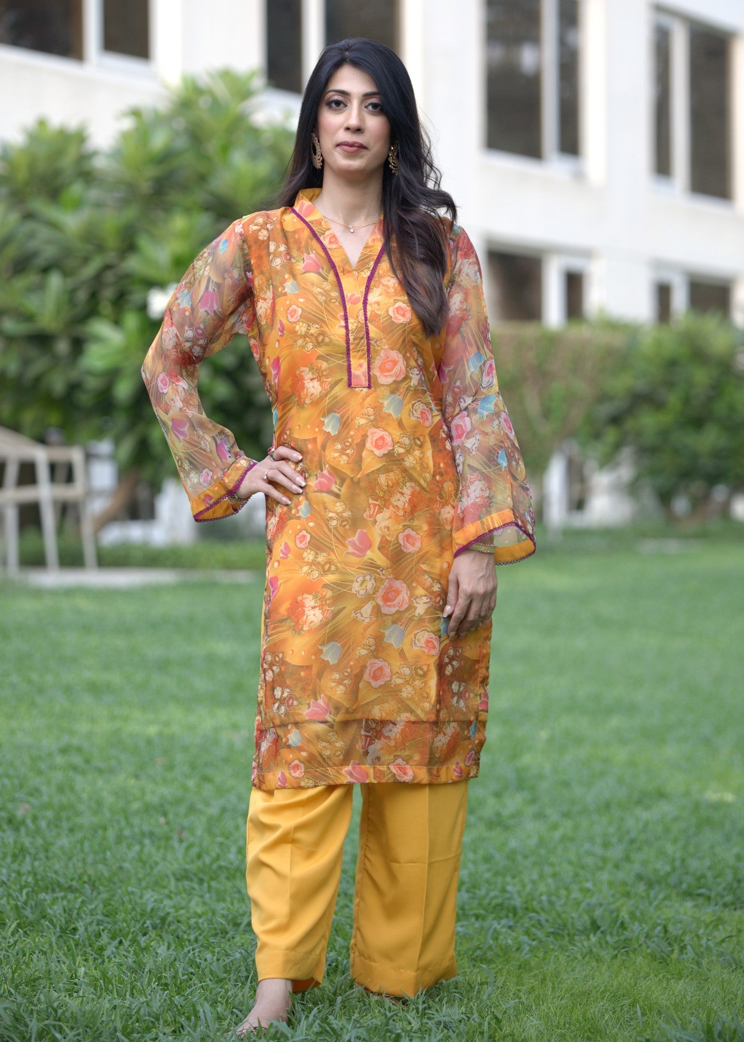 organza Kurta Set in Saffron