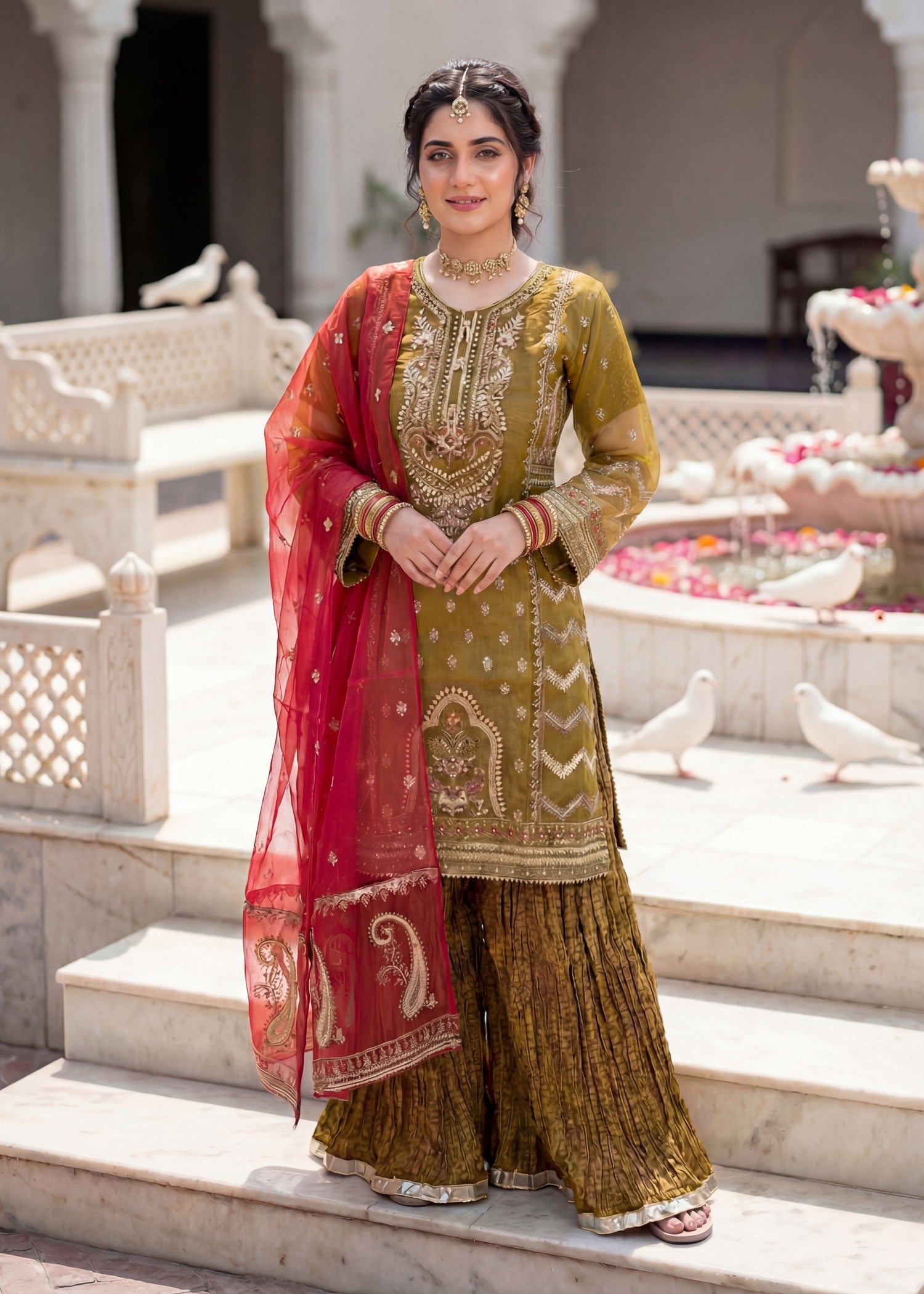 organza Sharara in Olive green