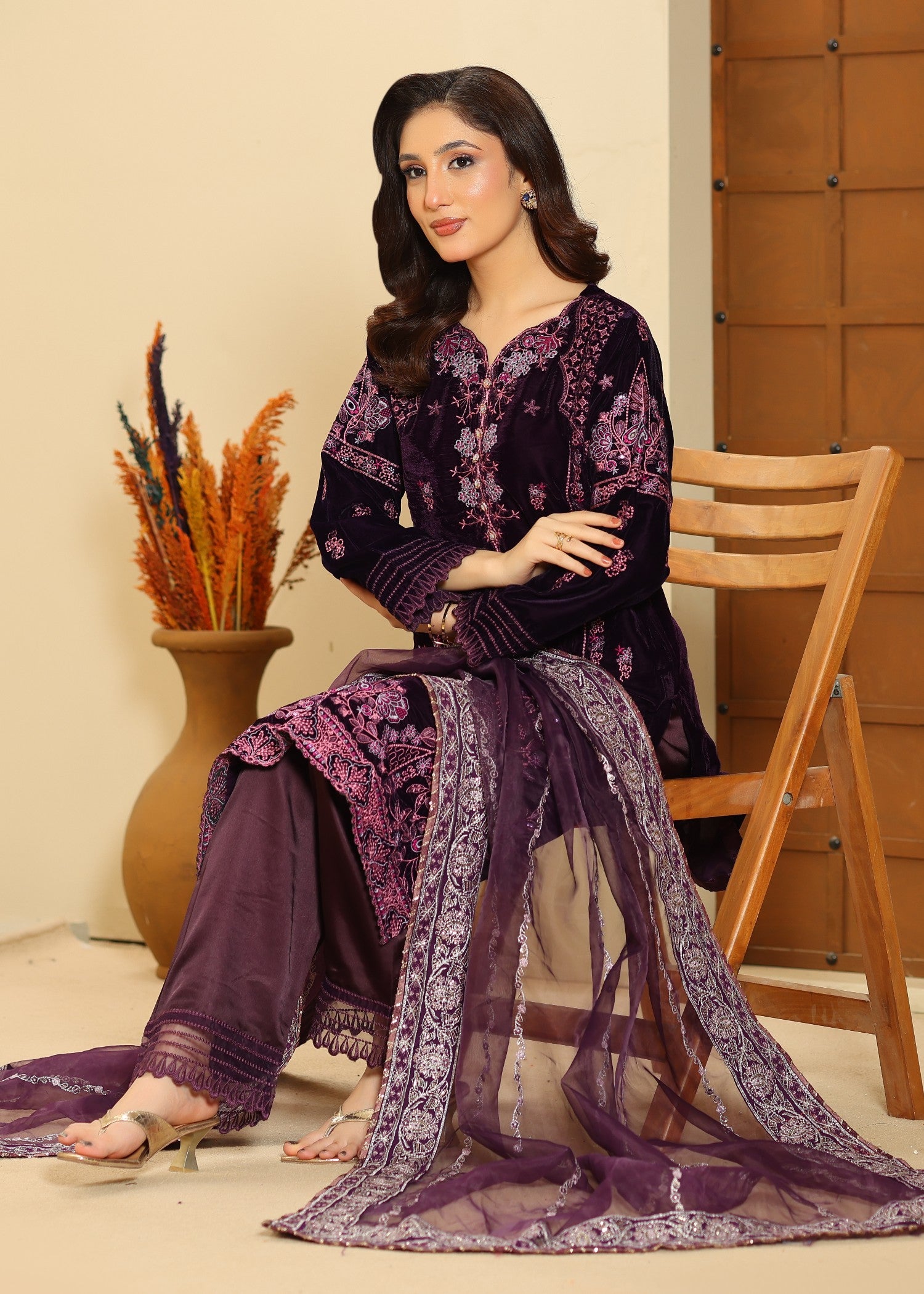 velvet Kurta Set in Purple