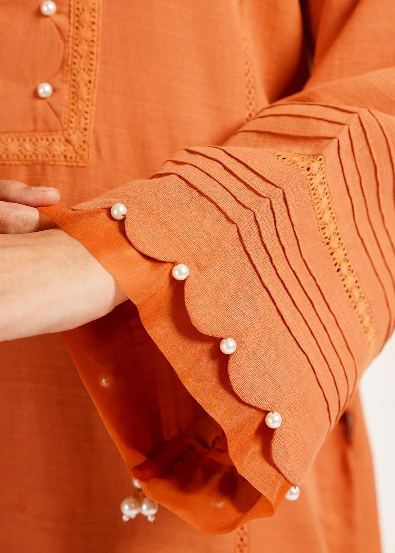khaddar Kurta Set in Coral orange