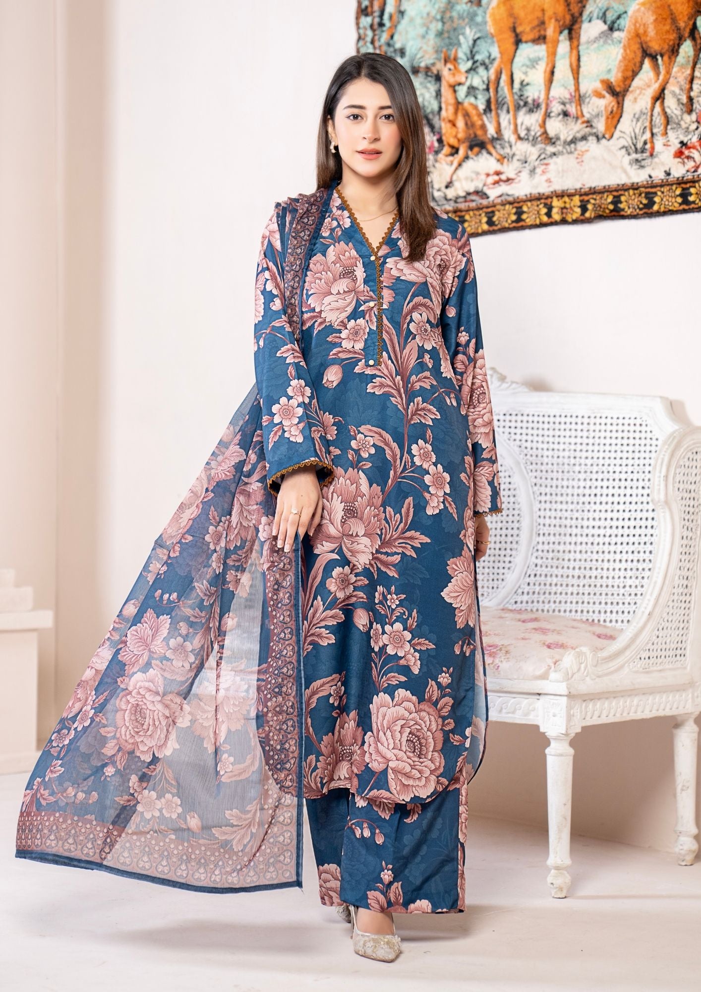 arabic lawn Kurta Set in Slate blue