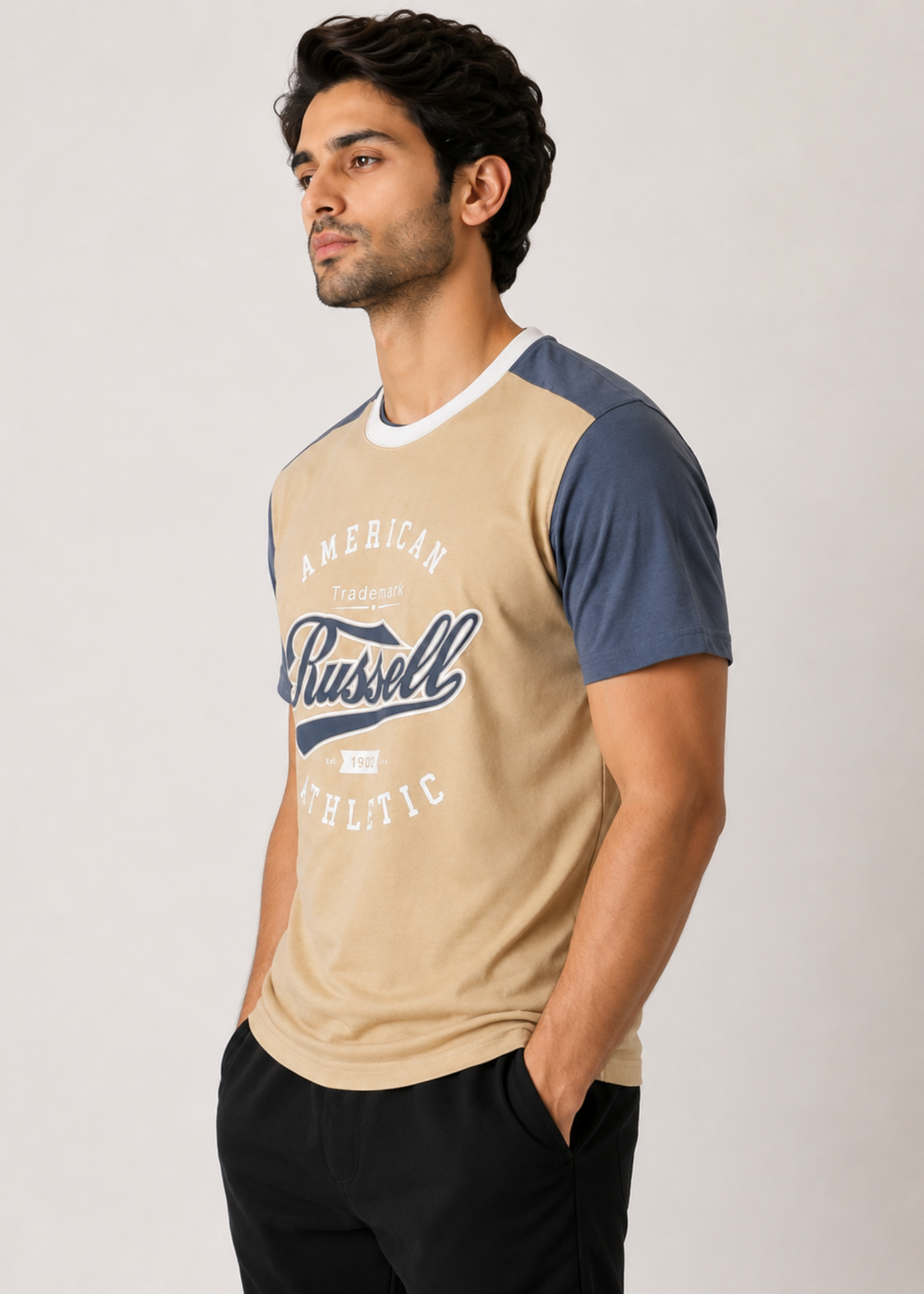 cotton T Shirt in Sapphire blue, champagne