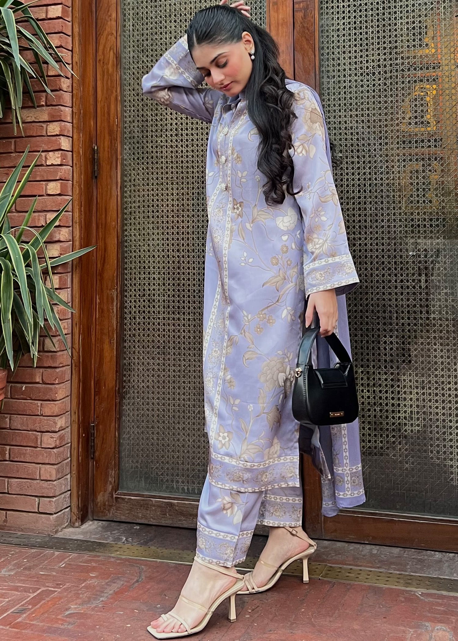 satin silk Kurta Set in Lilac