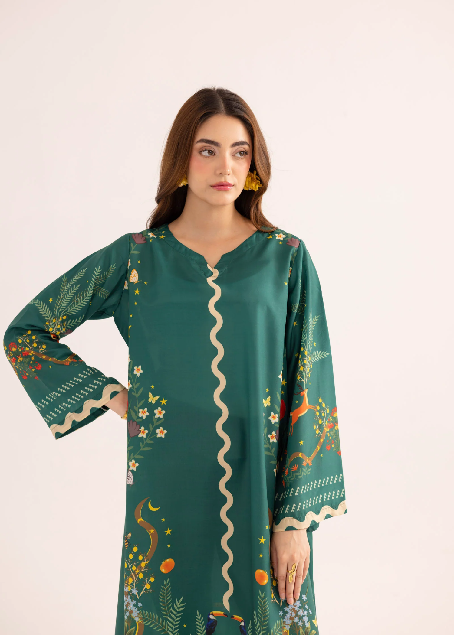 silk finish lawn Kaftan in Sea green