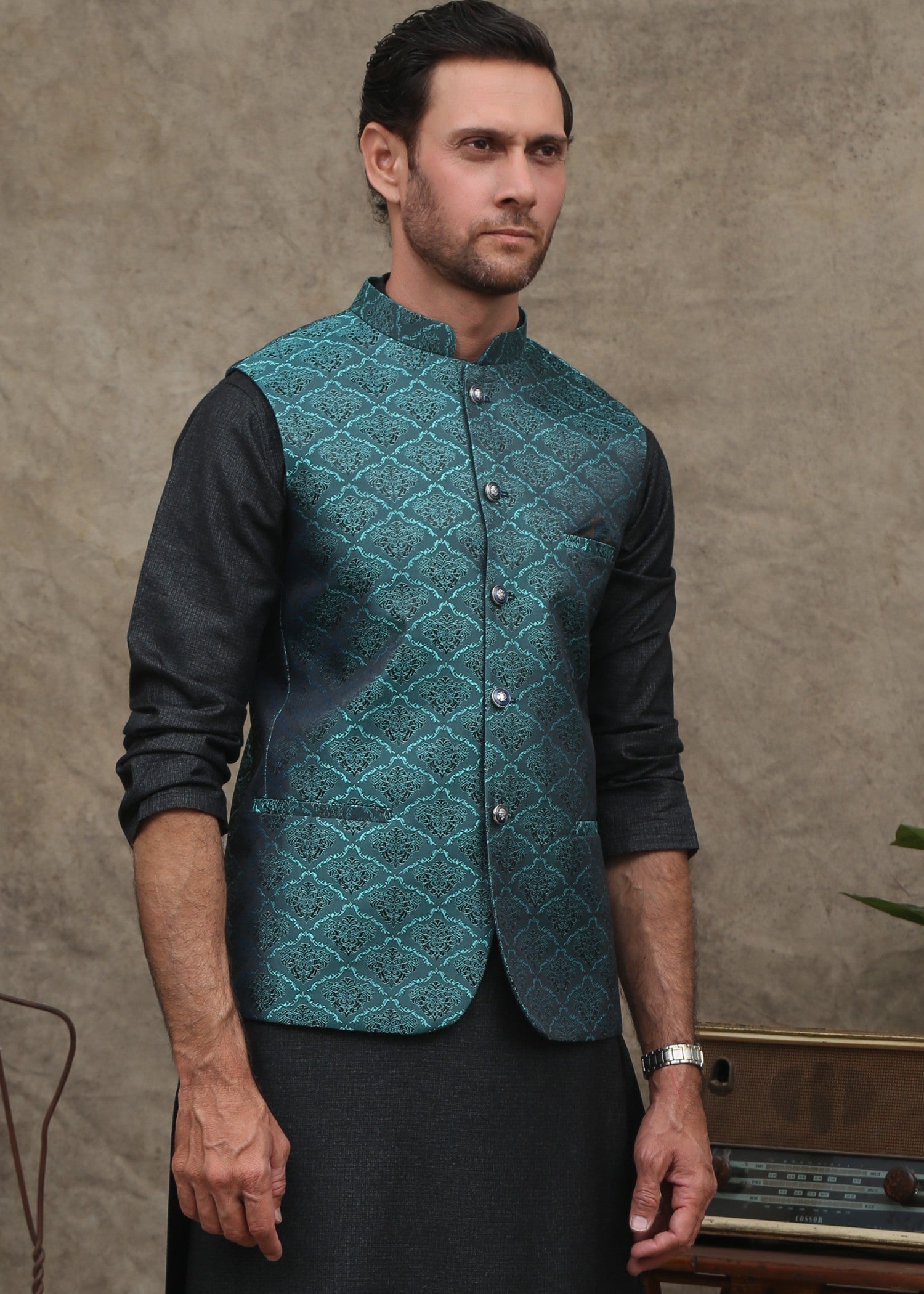 jamawar Waistcoat in Sea green by Maqsood Garments