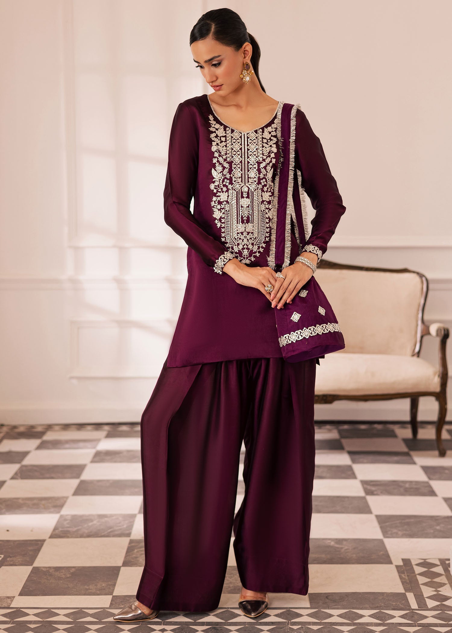 thai silk Kurta Set in Deep purple