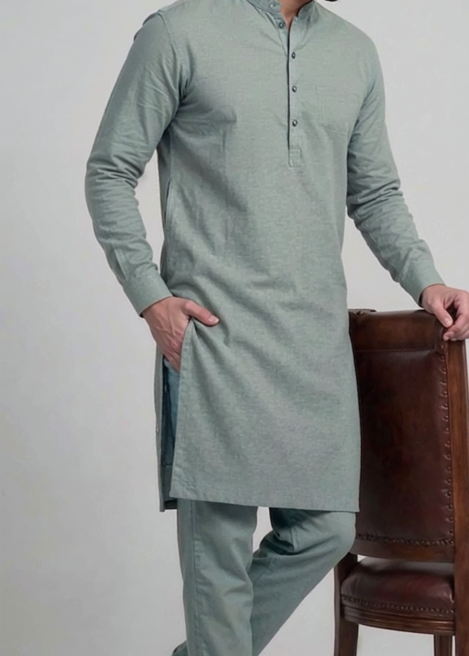wash & wear Kurta Set in Moss green