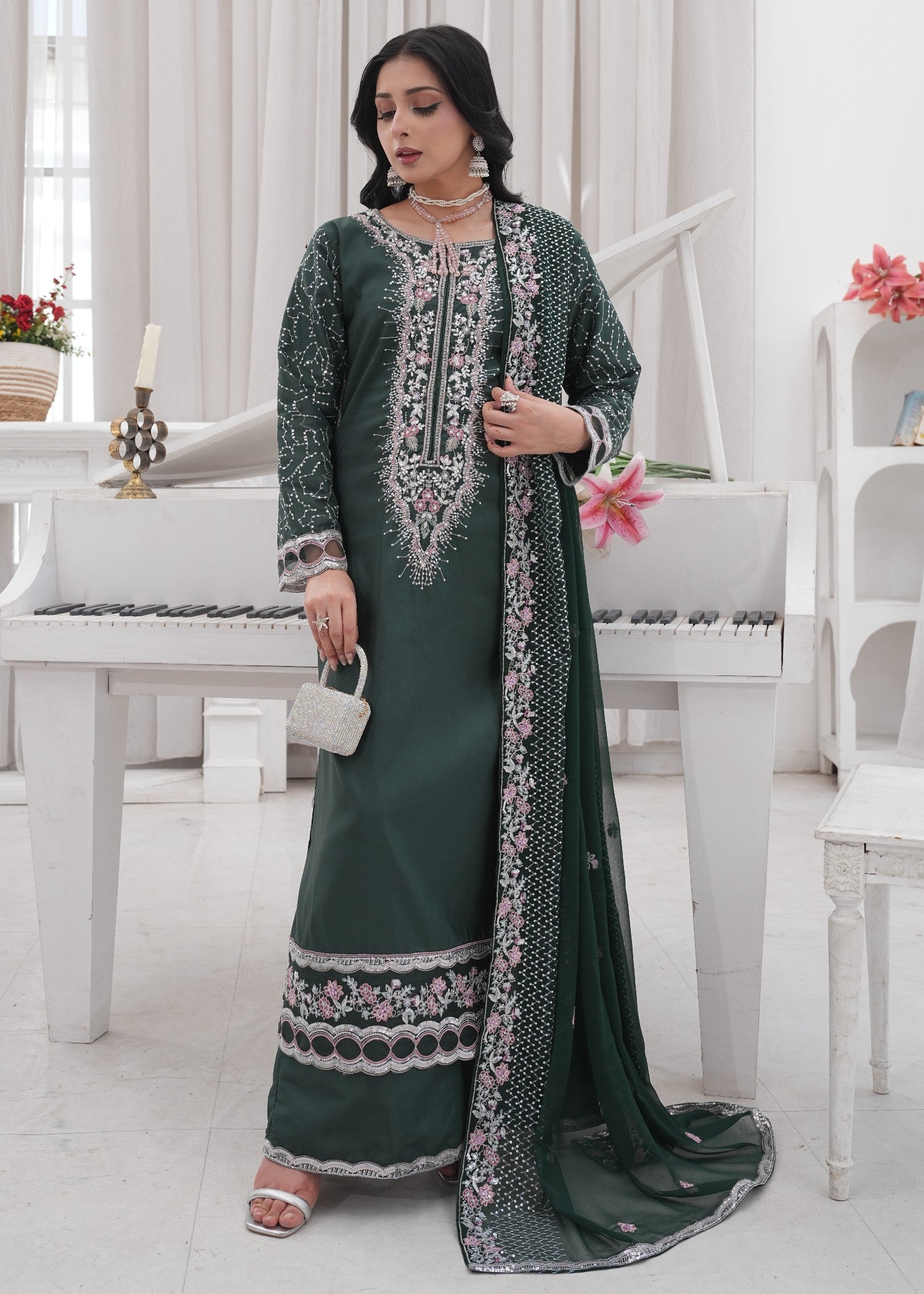 kattan silk Kurta Set in Bottle green