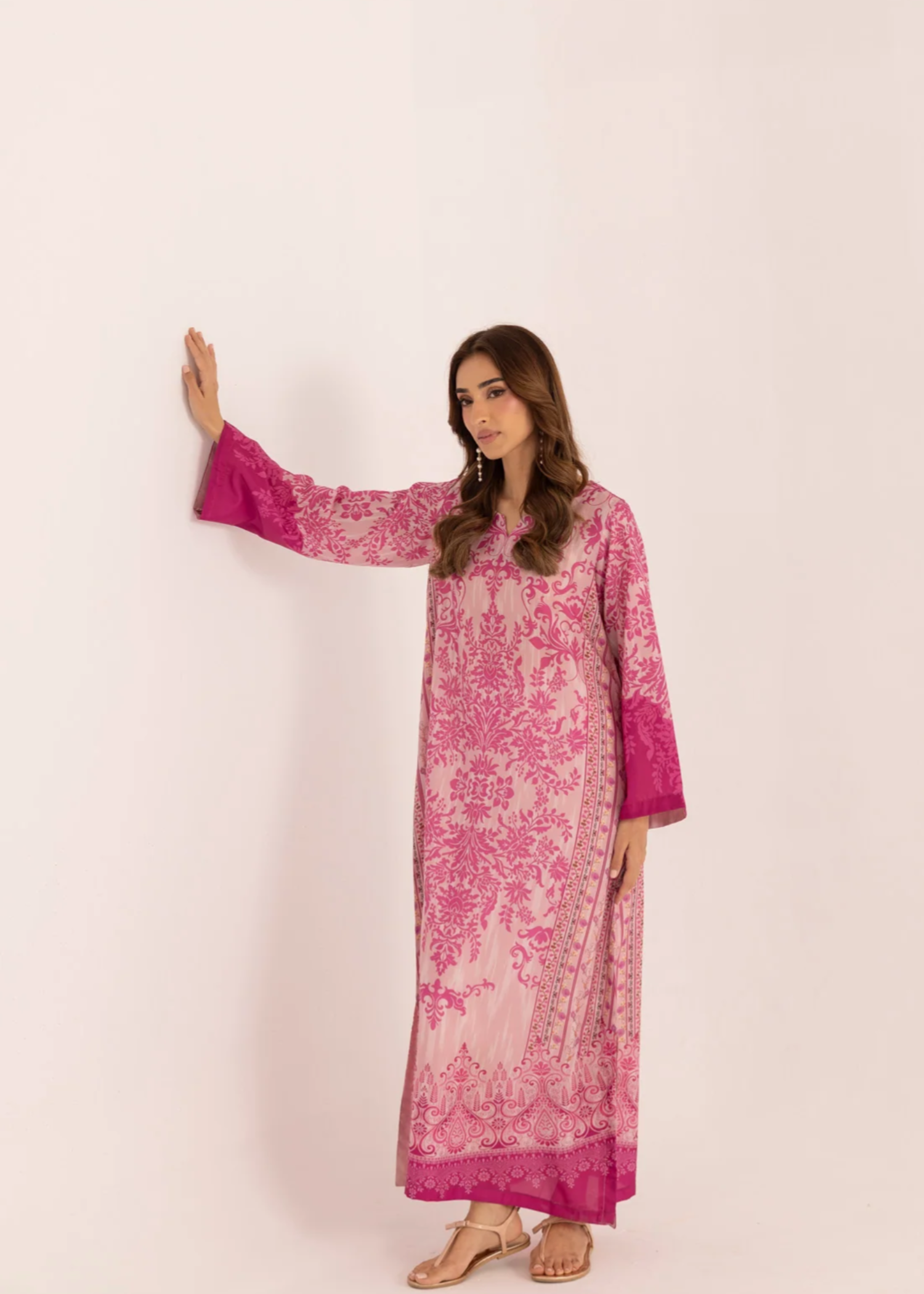silk finish lawn Kaftan in Watermelon pink
