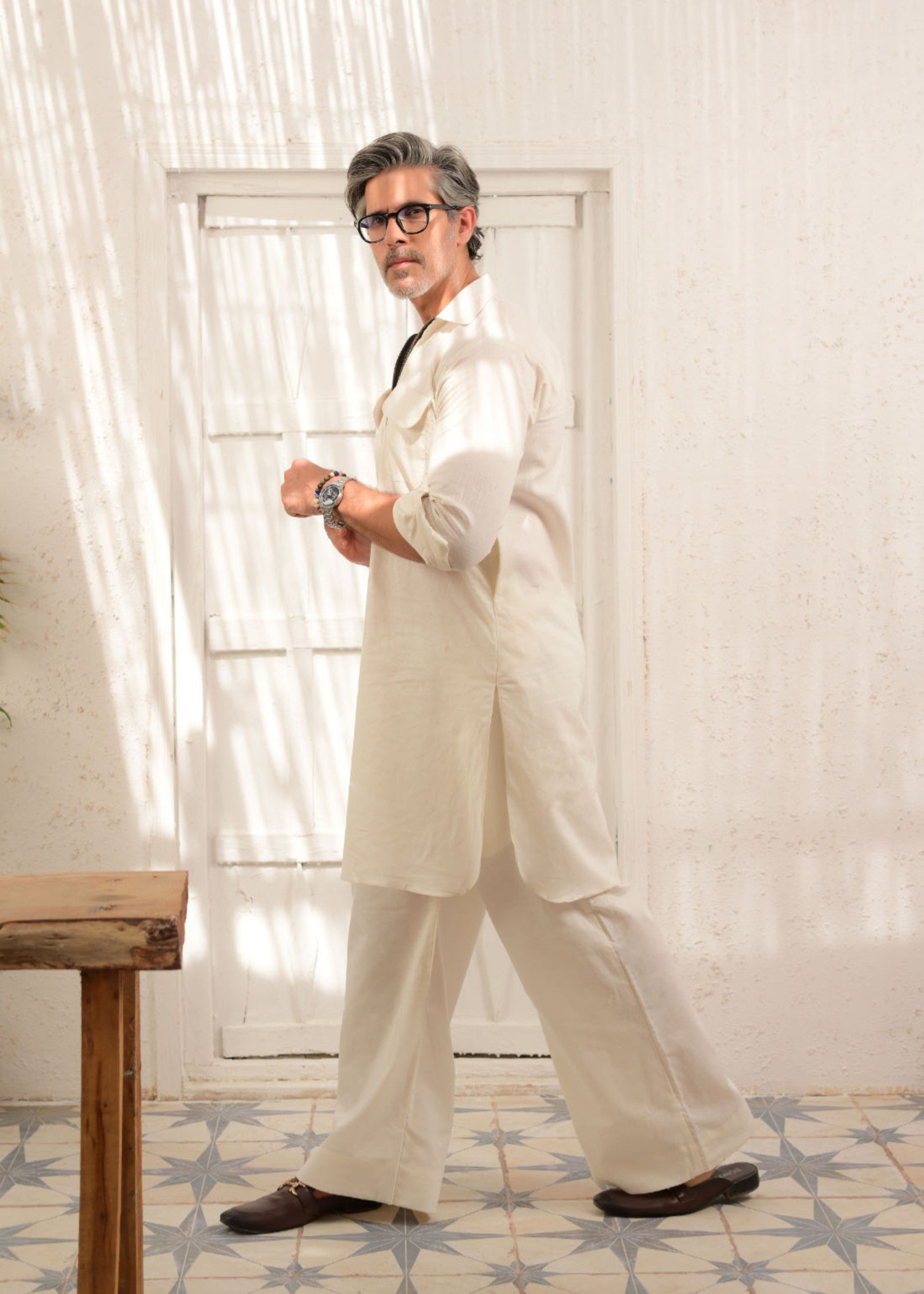 irish linen Kurta Set in Ivory