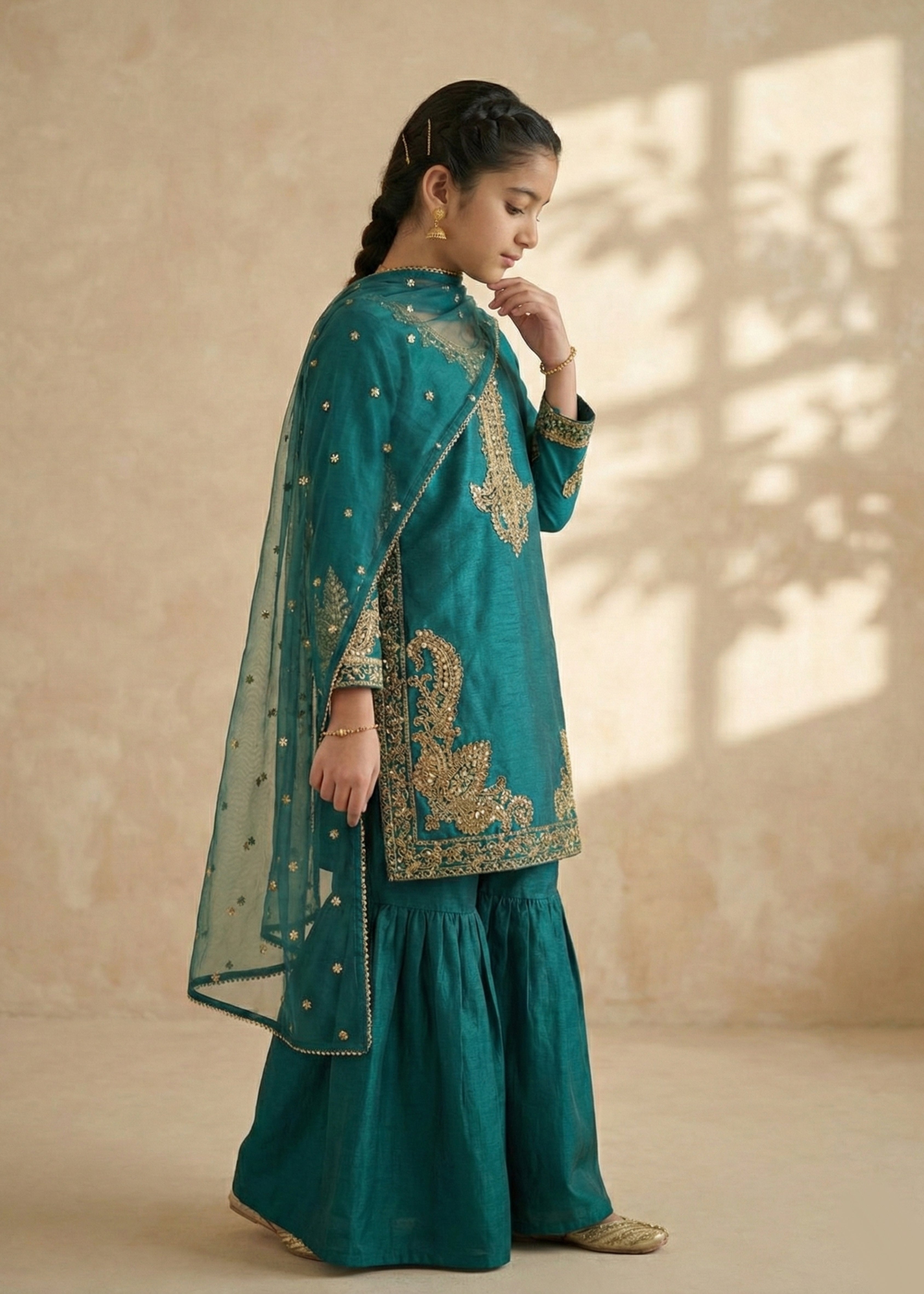 lawn Gharara in Sea green