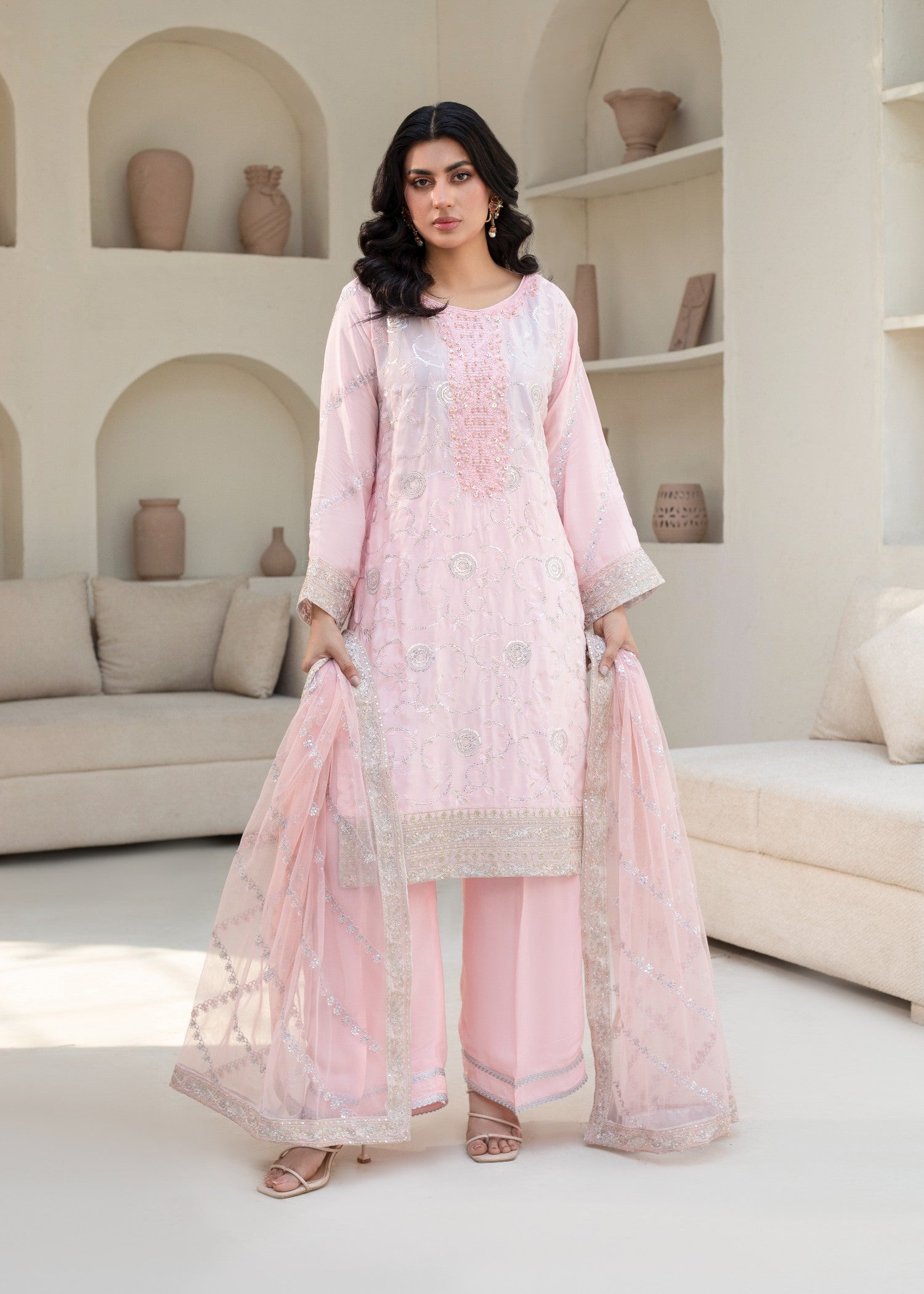 pure silk Kurta Set in Pastel pink