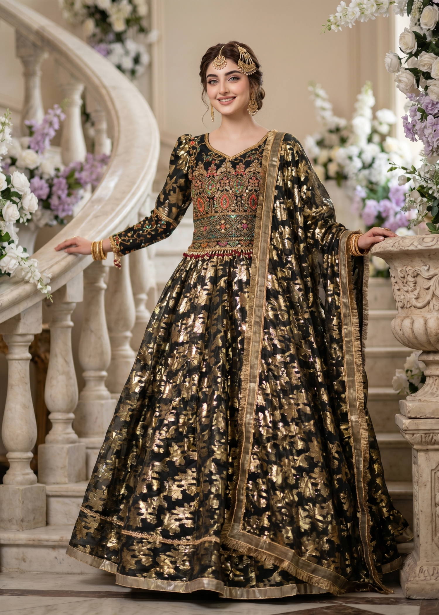 organza Lehenga in Black, gold