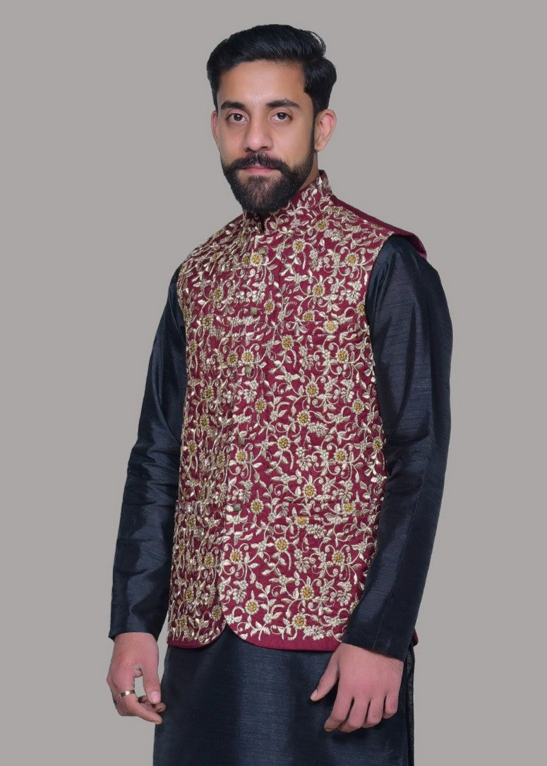 raw silk Waistcoat in Maroon