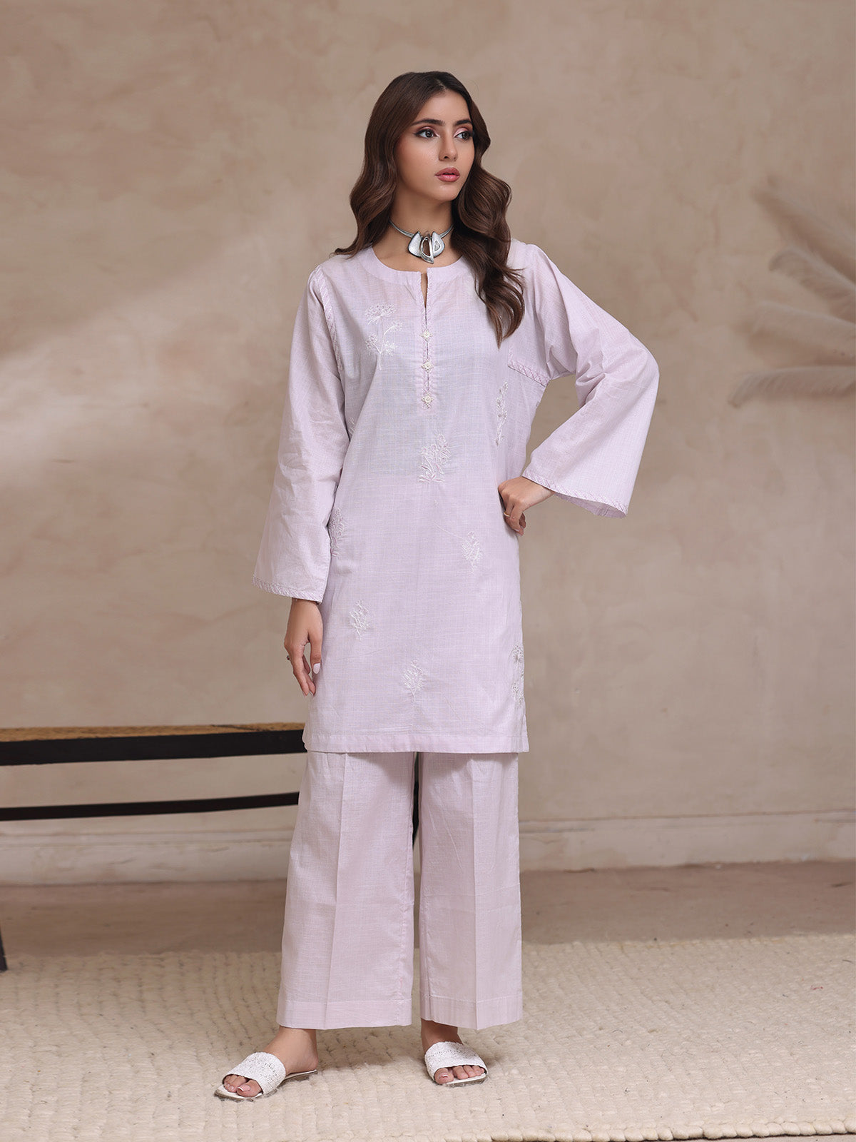 injected slub Kurta Set in White
