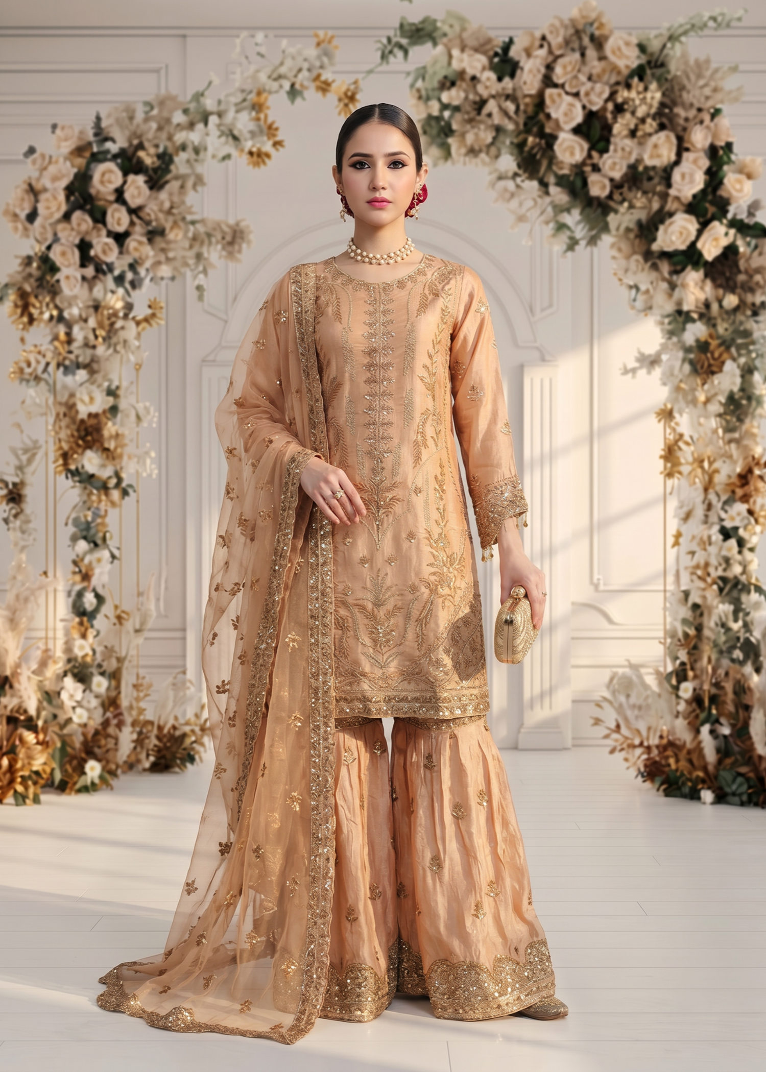 pk raw silk Gharara in Peach orange