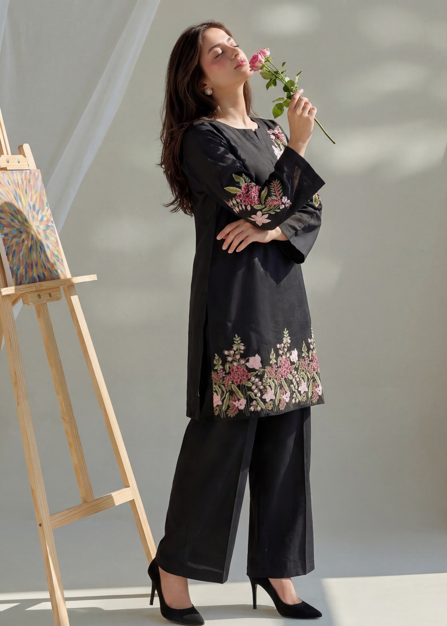 textured lawn Kurta Set in Black