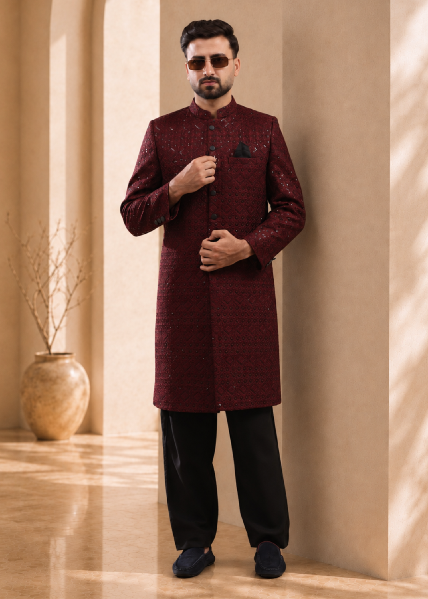 jamawar Sherwani in Maroon by The Great Masters (TGM)
