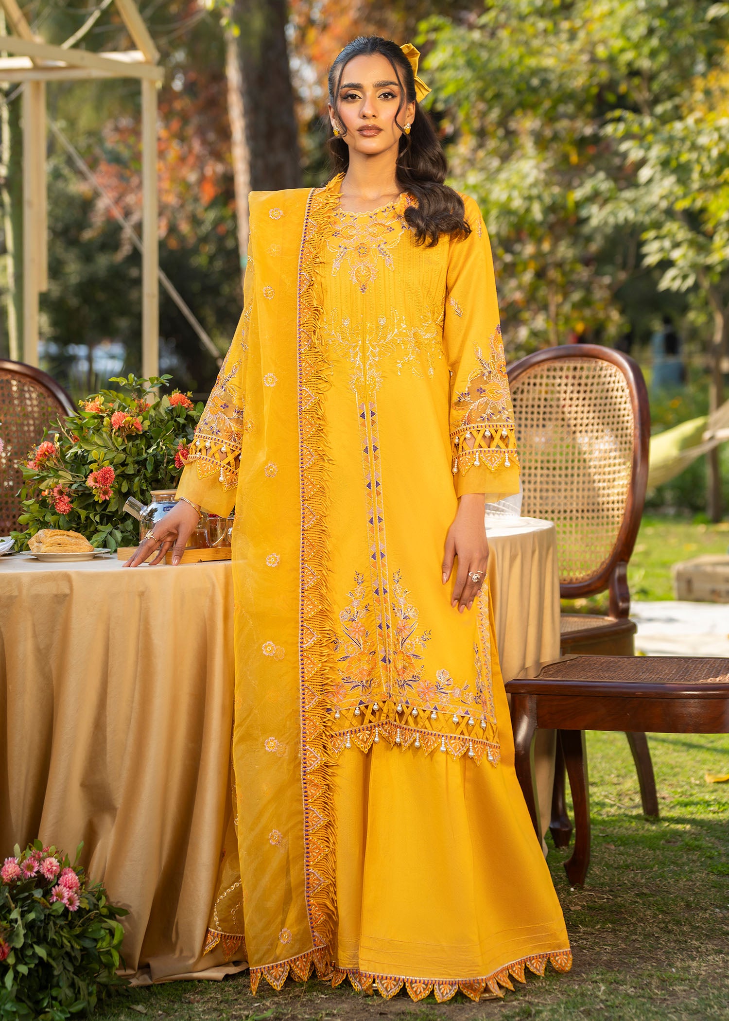 cotton net Sharara in Yellow