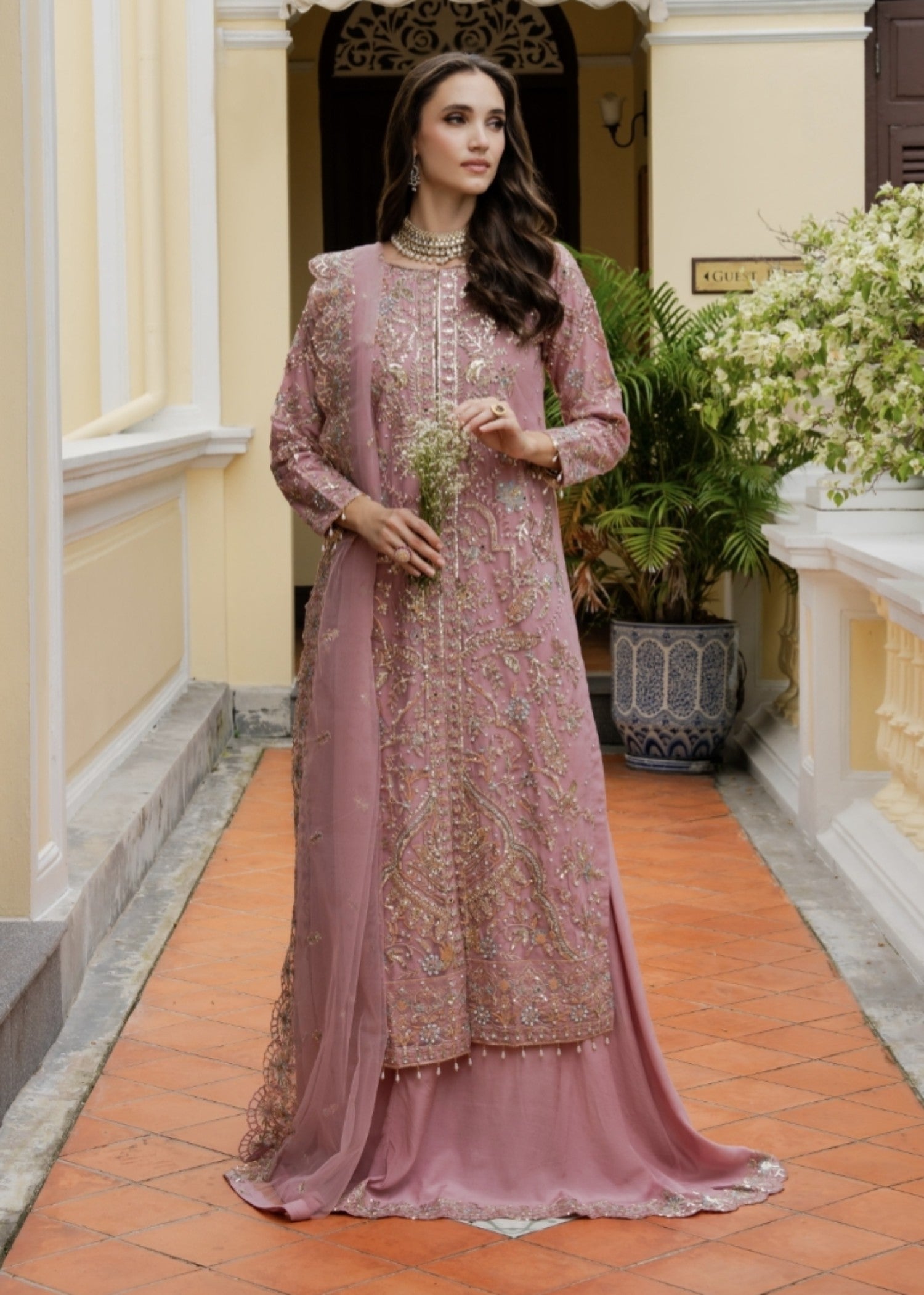 net Lehenga in Tea rose pink
