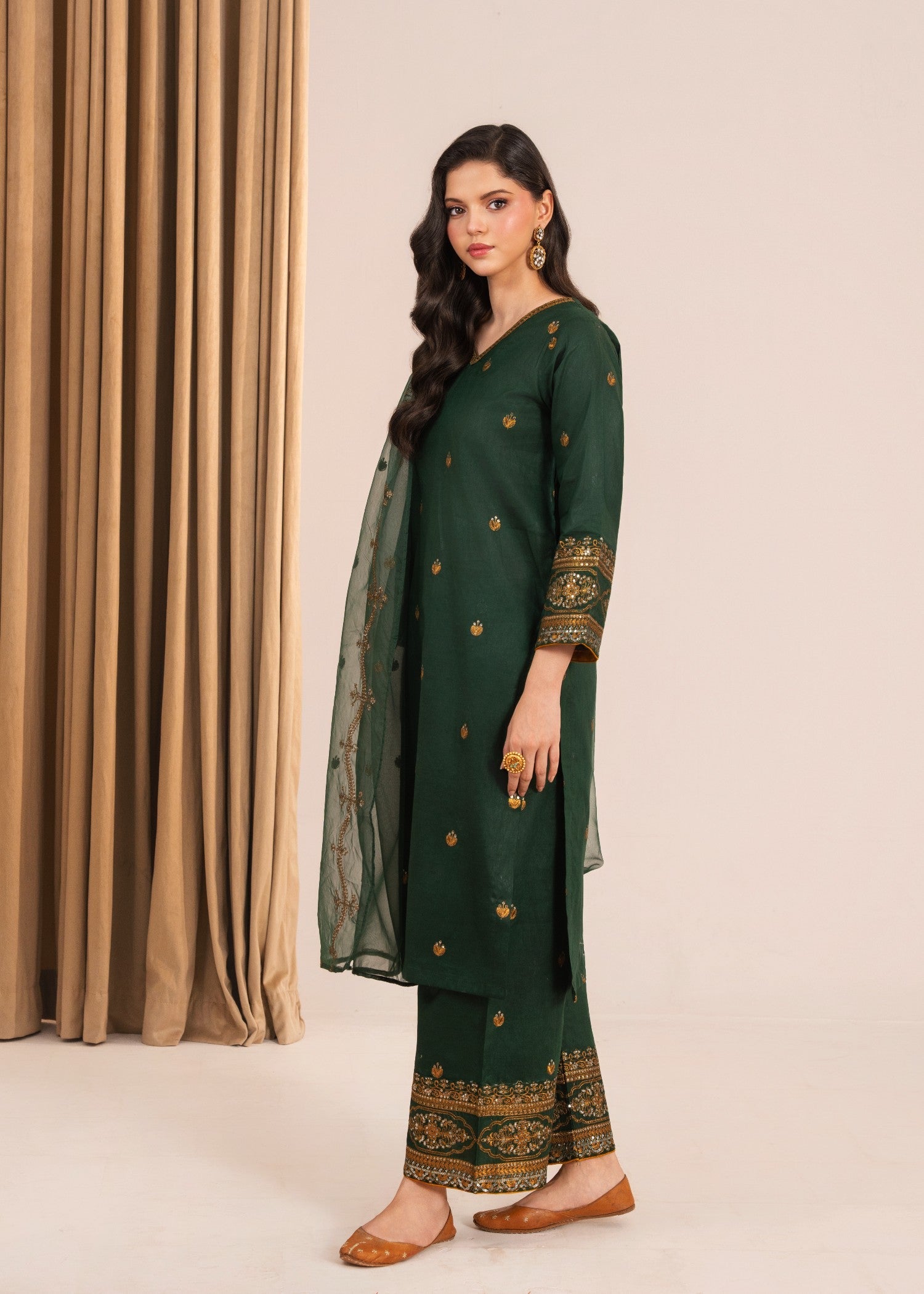 lawn Kurta Set in Gold, dark green