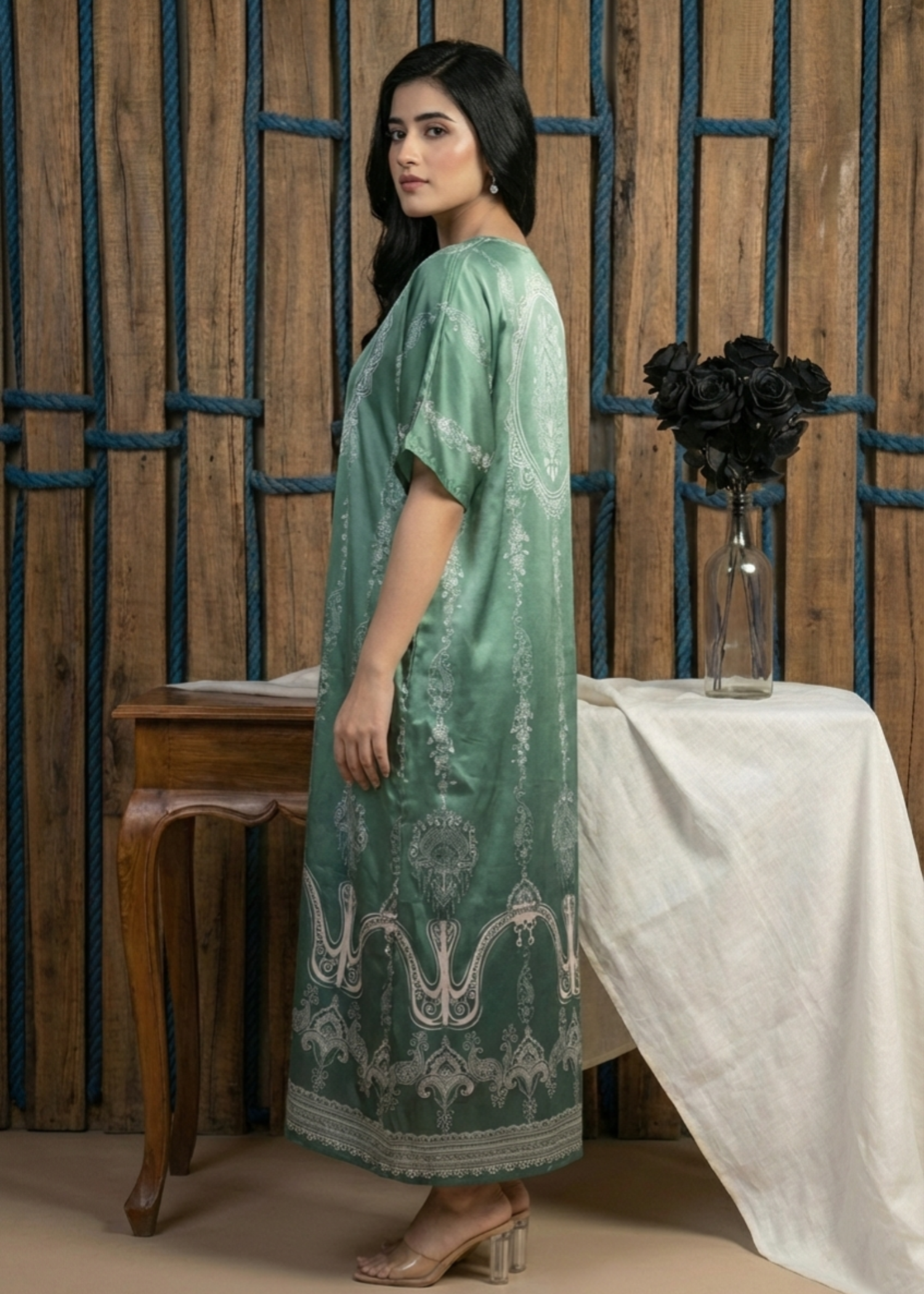silk charmeuse Kaftan in Mint green