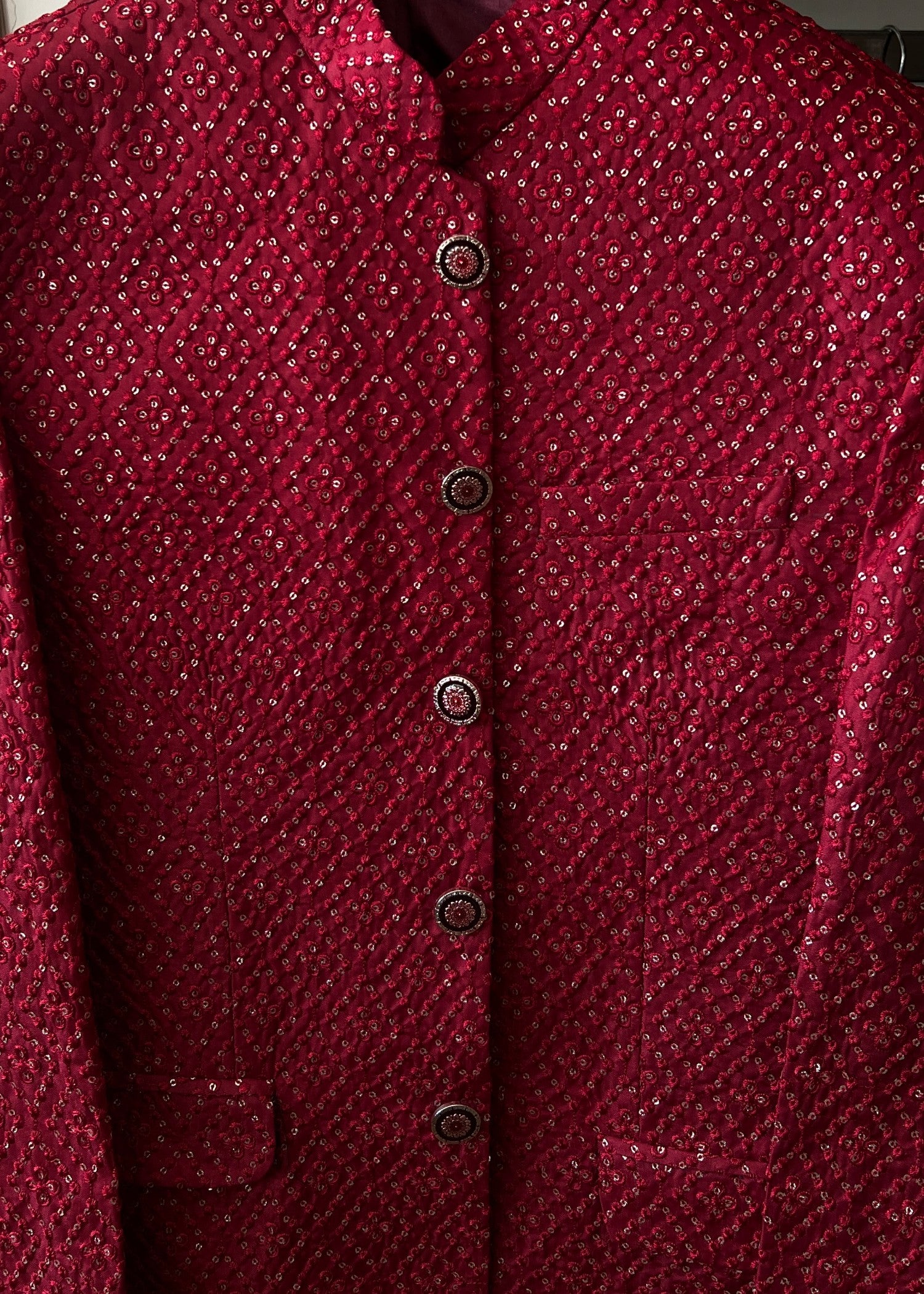 raw silk Prince Coat in Red, maroon