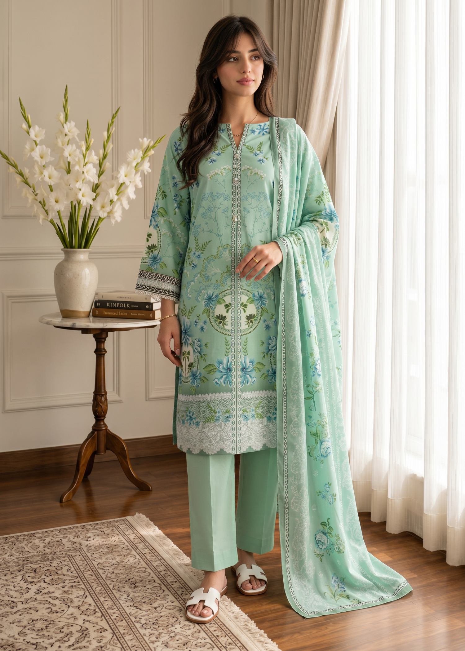 lawn Kurta Set in Moss green