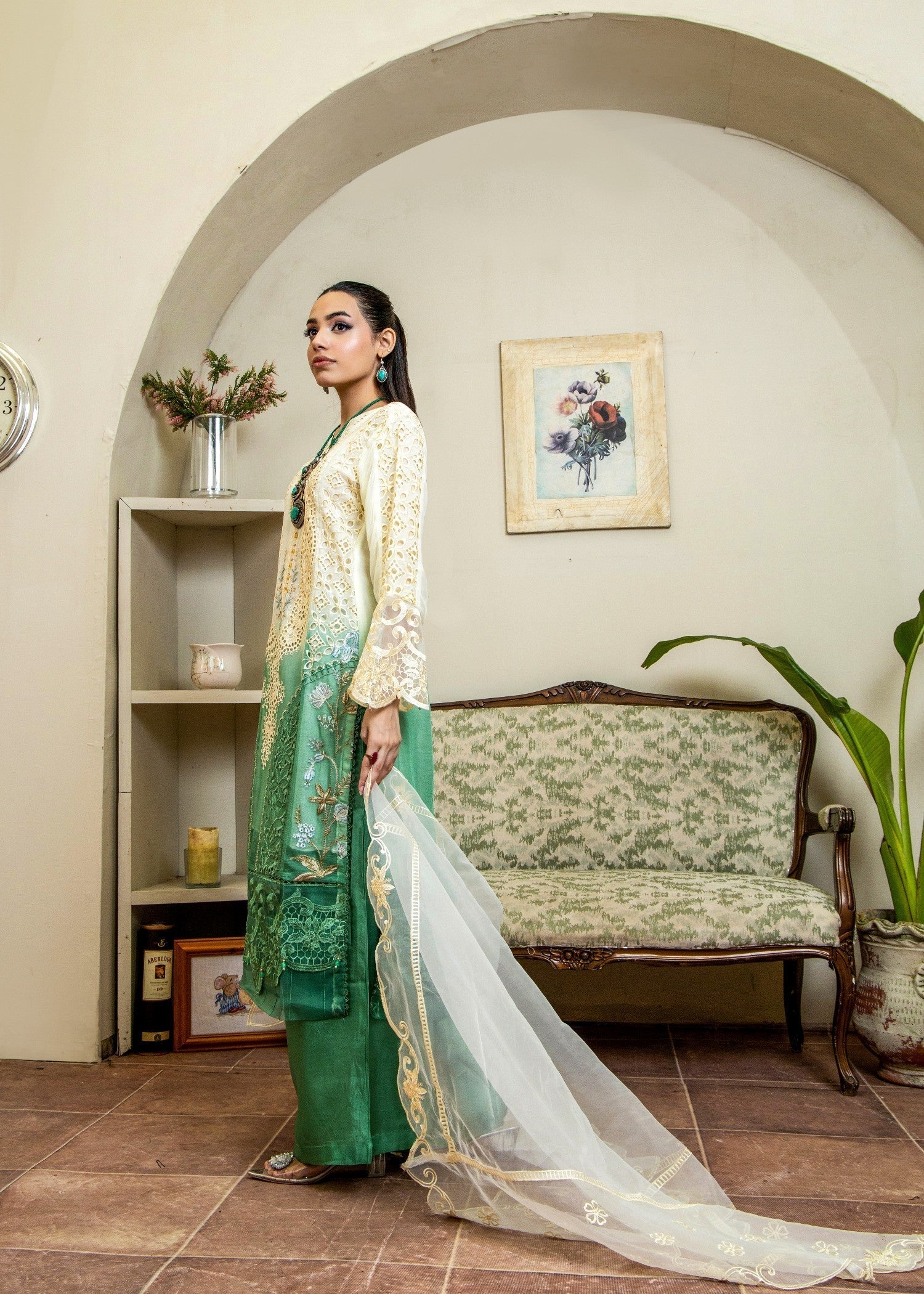 chiffon Kurta Set in Jade green, ivory