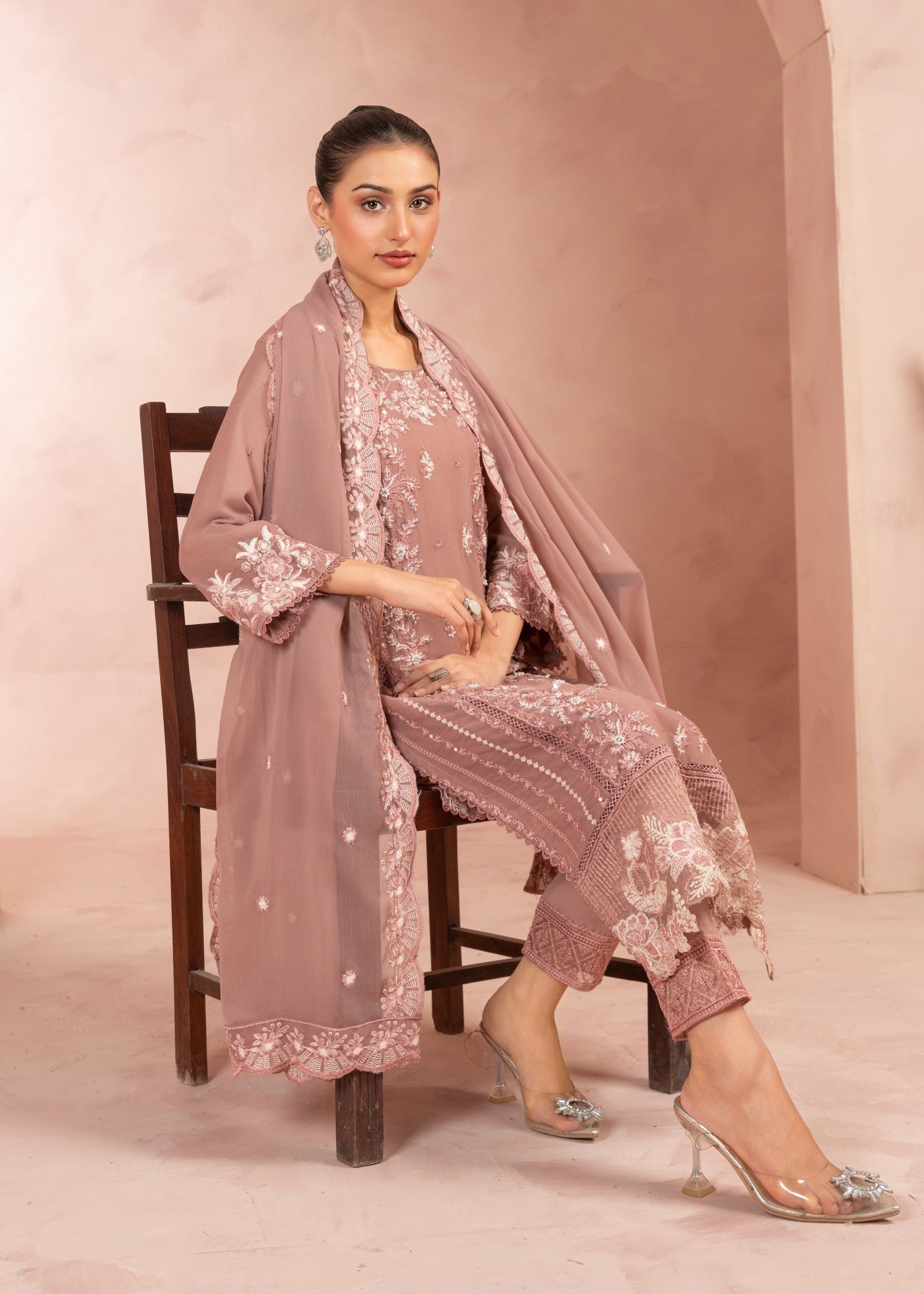 chiffon Kurta Set in Indian pink