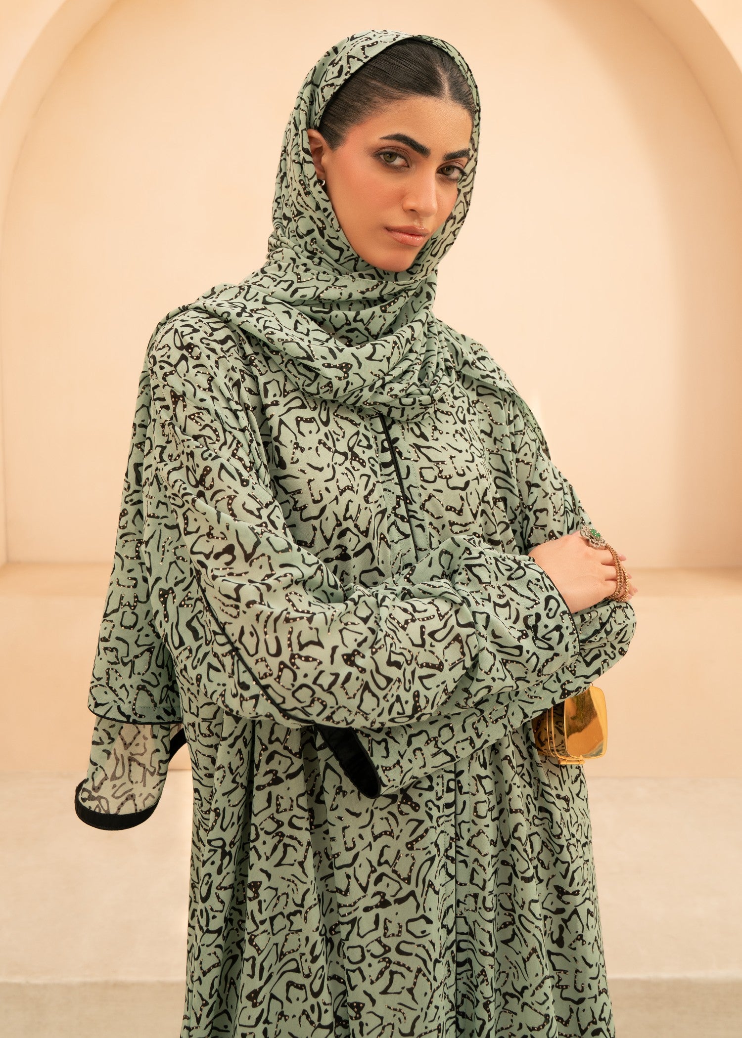 chiffon Abaya in Black, sage green, multi