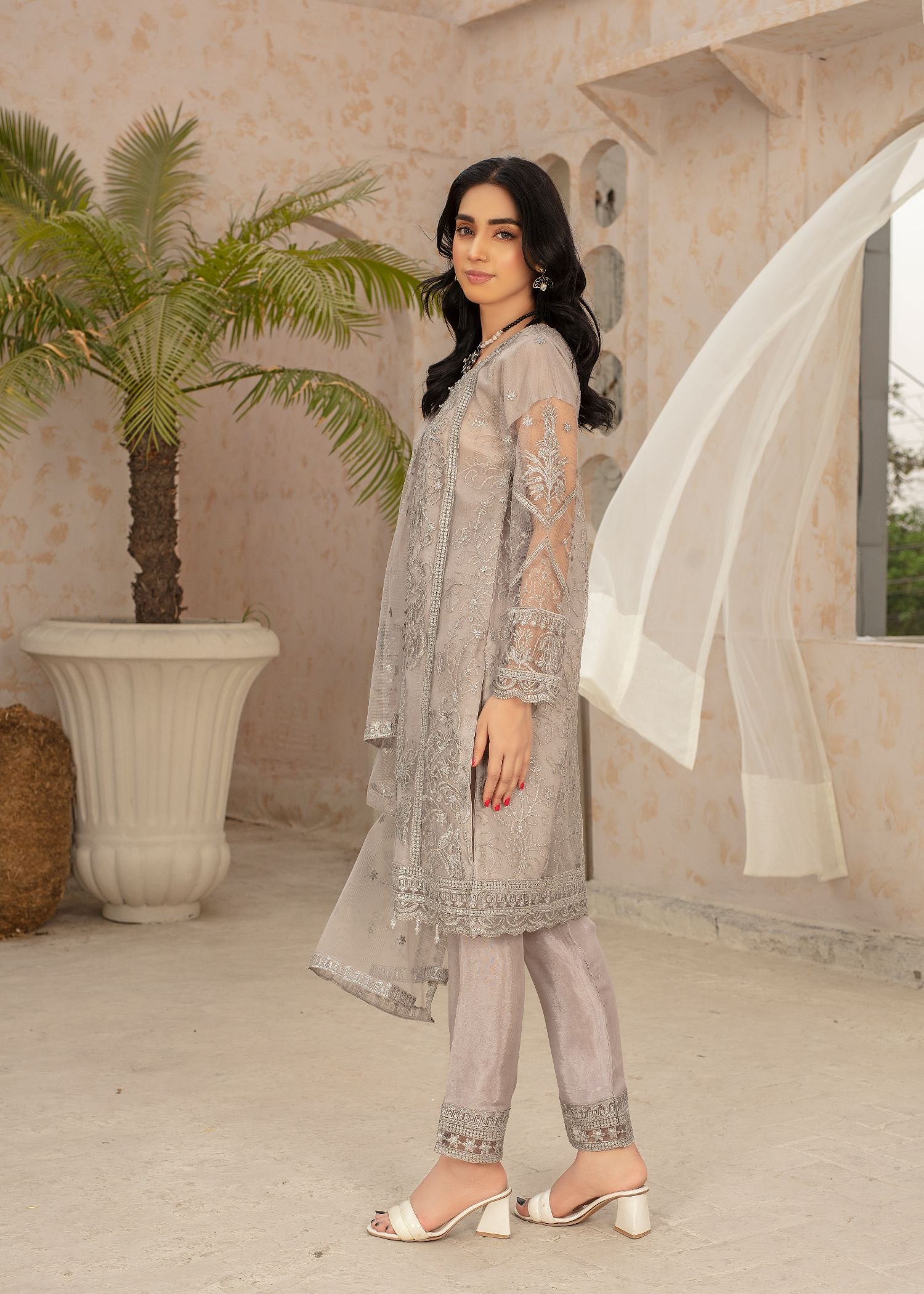net Kurta Set in Silver
