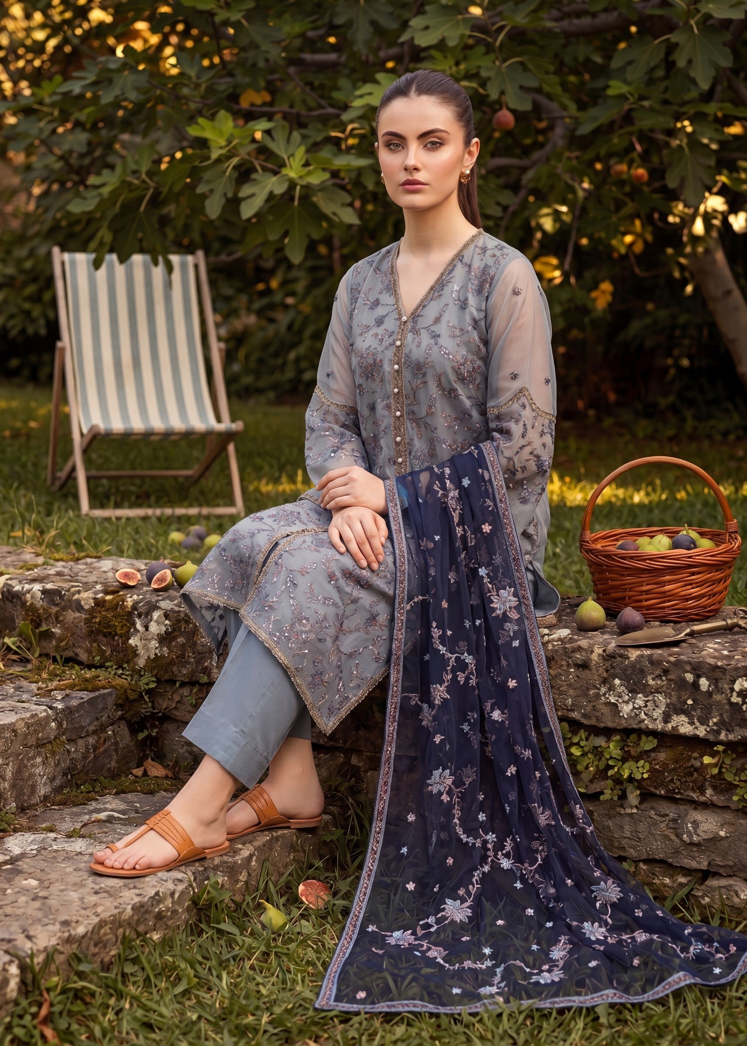 organza Kurta Set in Cool grey