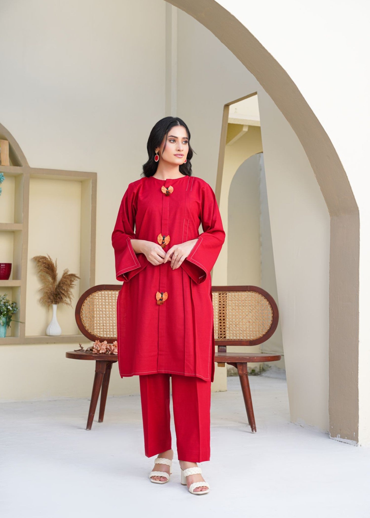 slub khaddar Kurta Set in Crimson