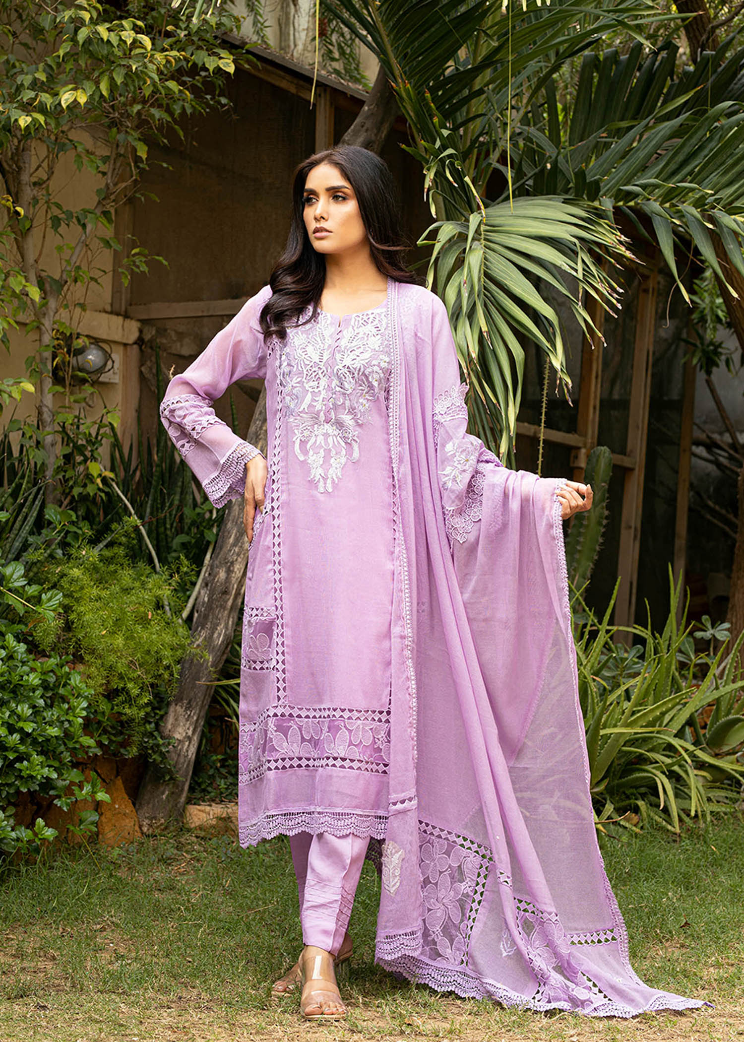 khaddi net Kurta Set in Lilac