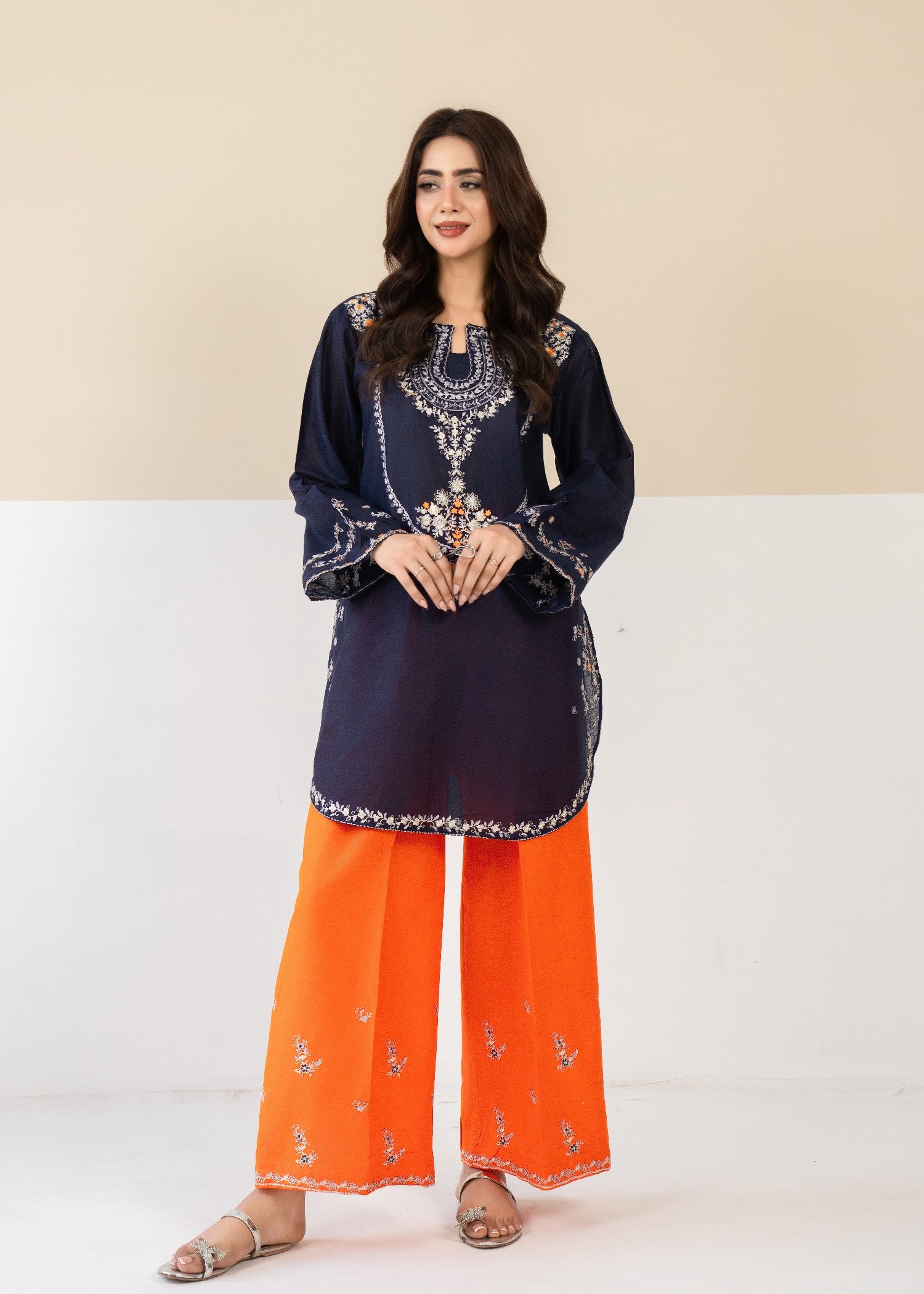 lawn Kurta Set in Orange, navy blue