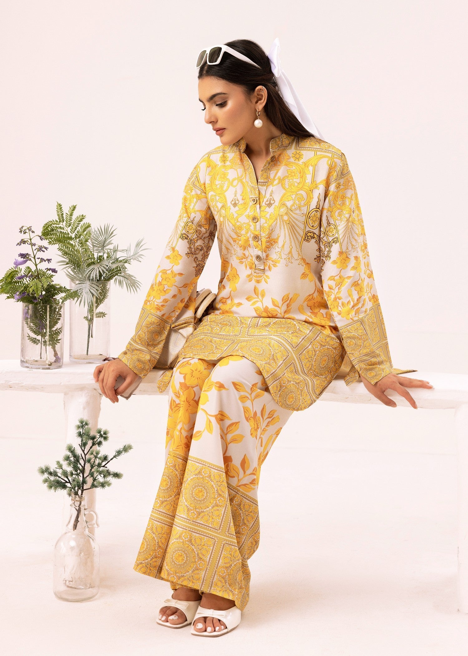 lawn Co Ord Sets in White, school bus yellow