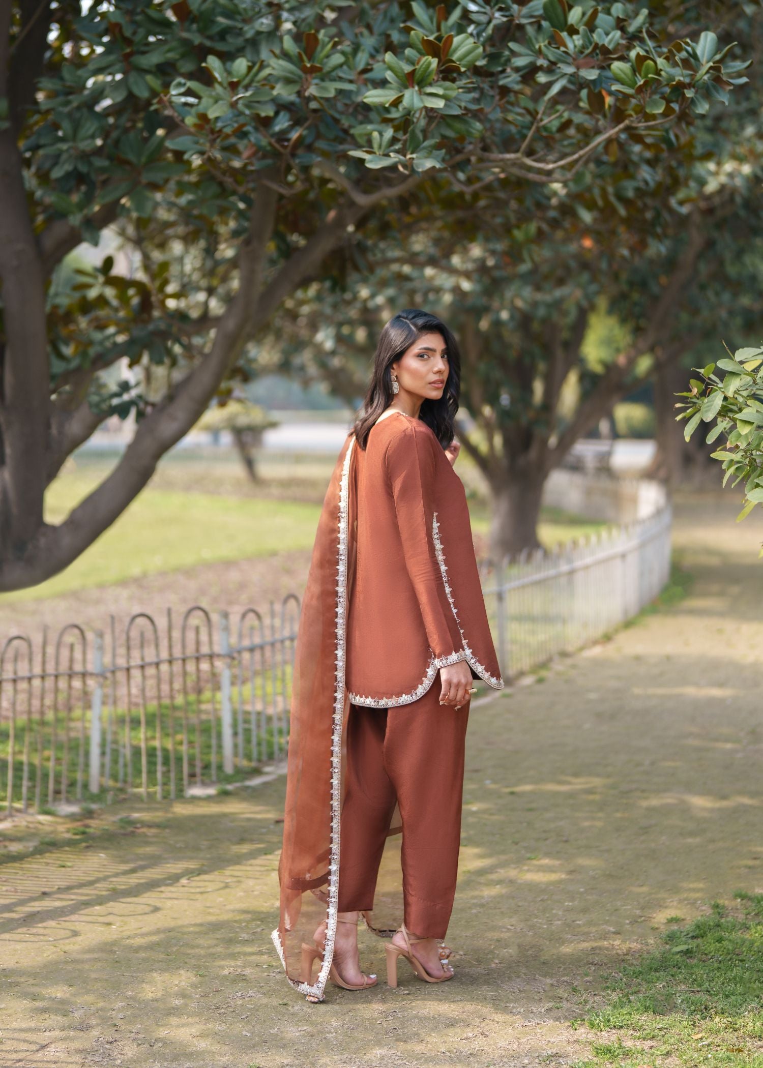 tissue silk Kurta Set in Mocha brown