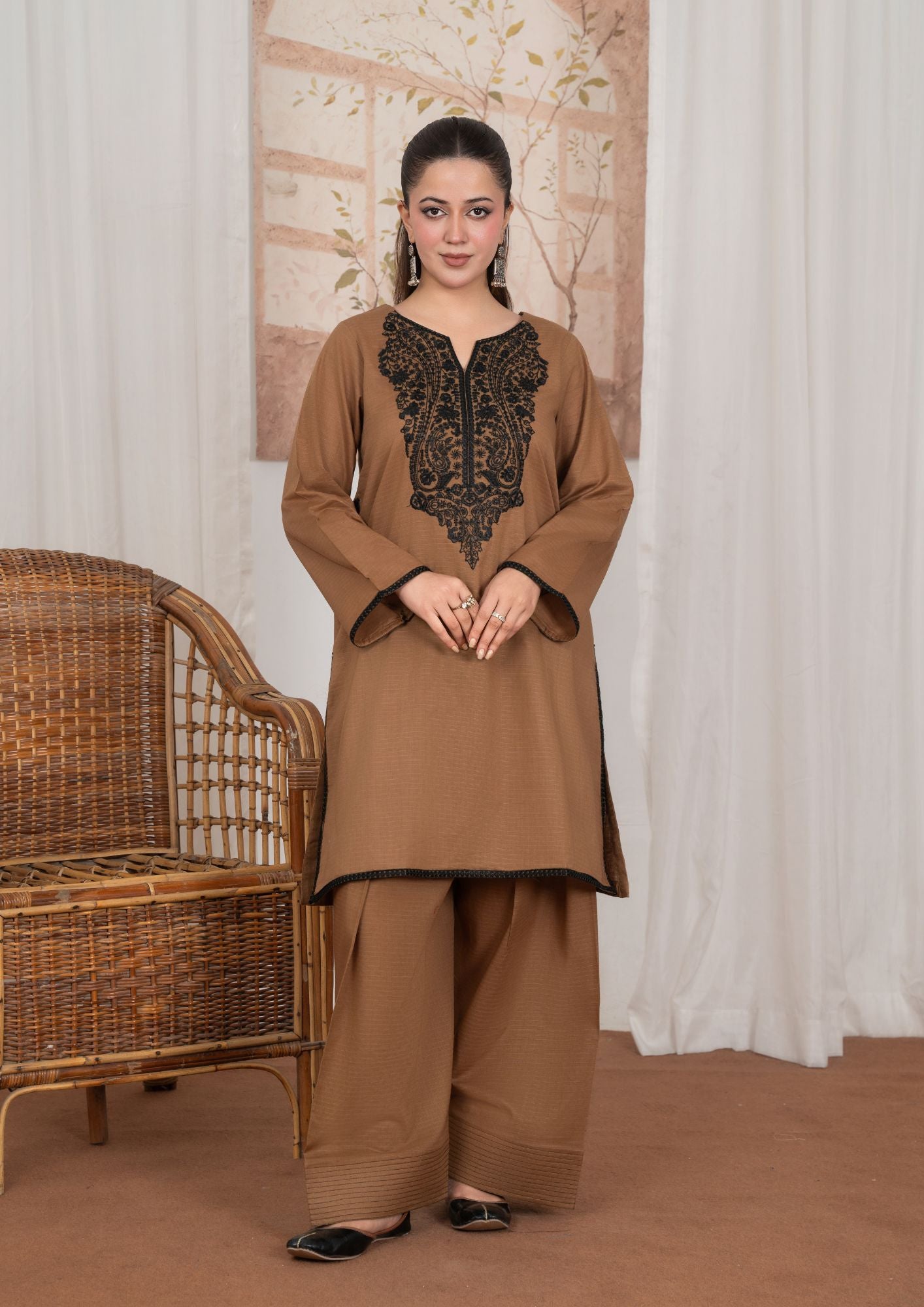 lawn Kurta Set in Earth brown