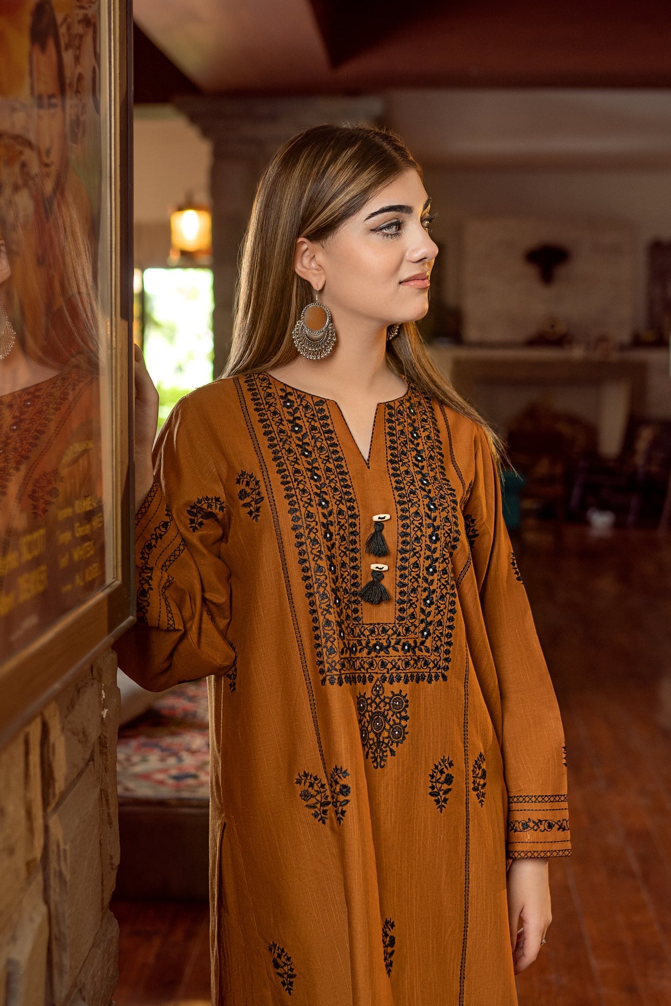 slub khaddar Kurta Set in Yellow ochre