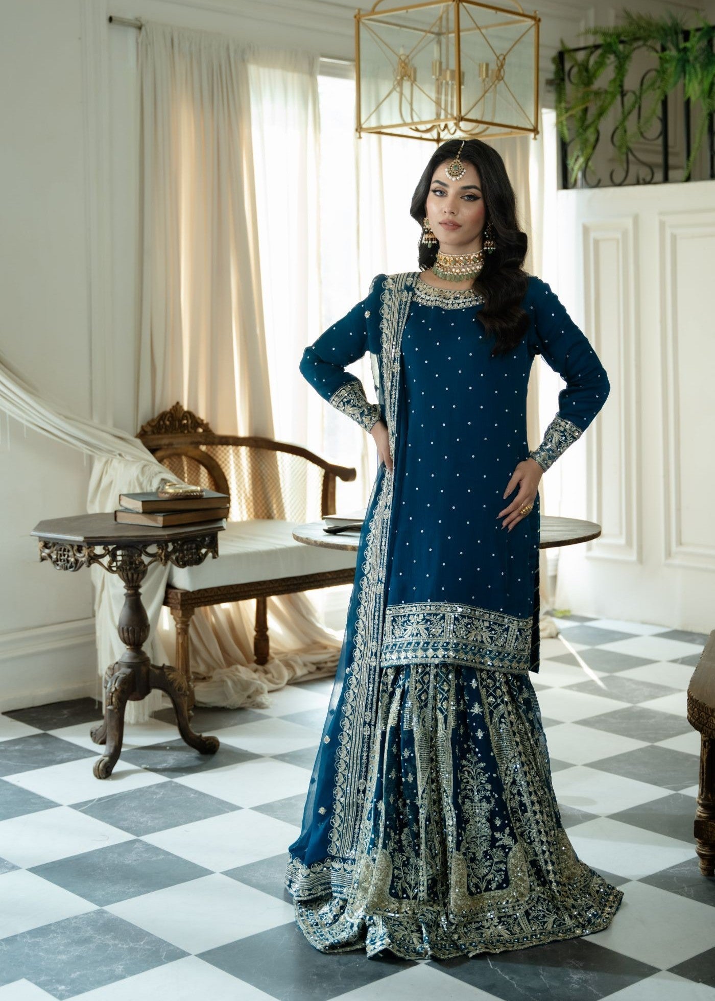 chiffon Gharara in Dark blue