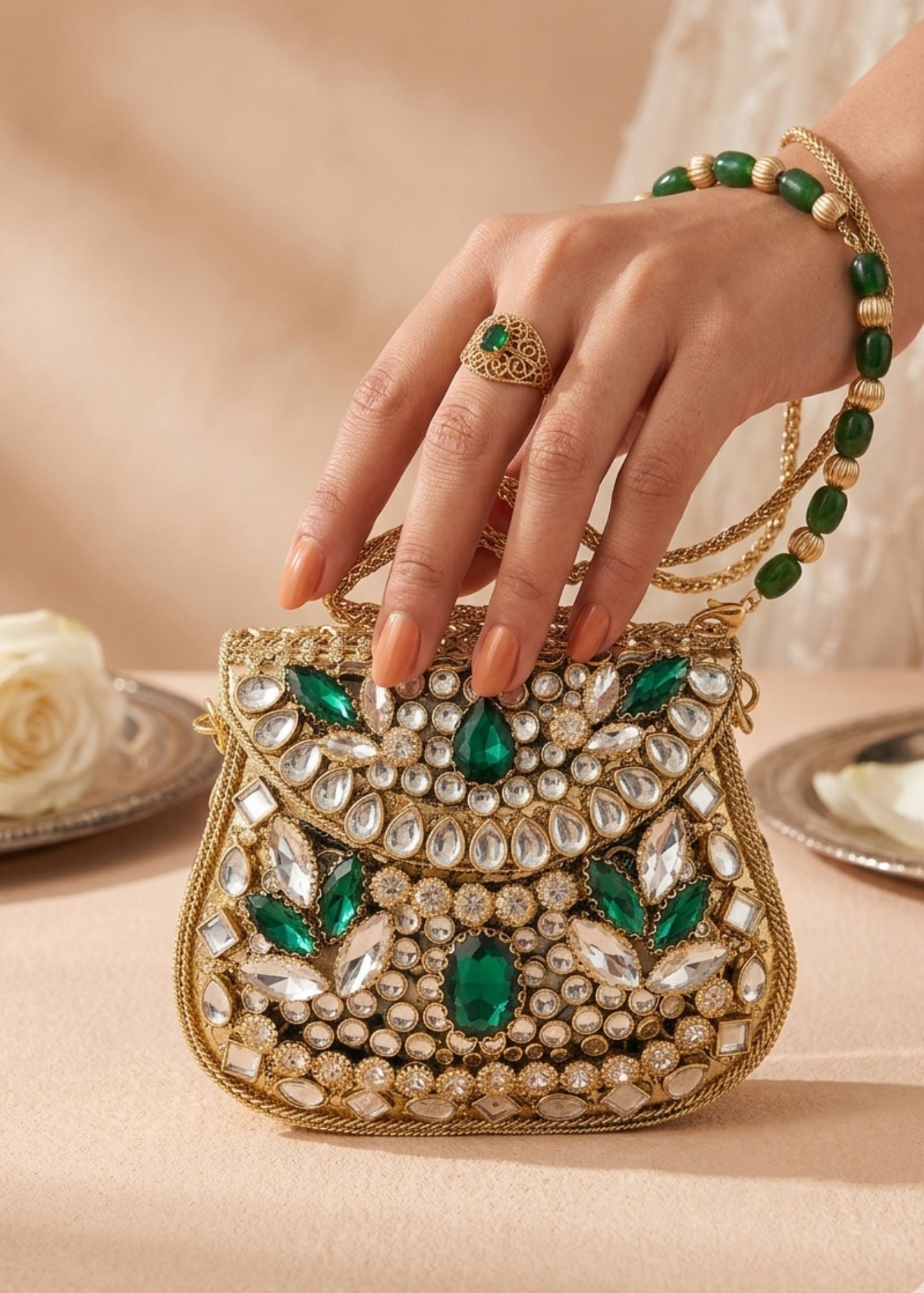 Clutch in Emerald green, gold Color by - Trendy Women Clutch JWJ0823