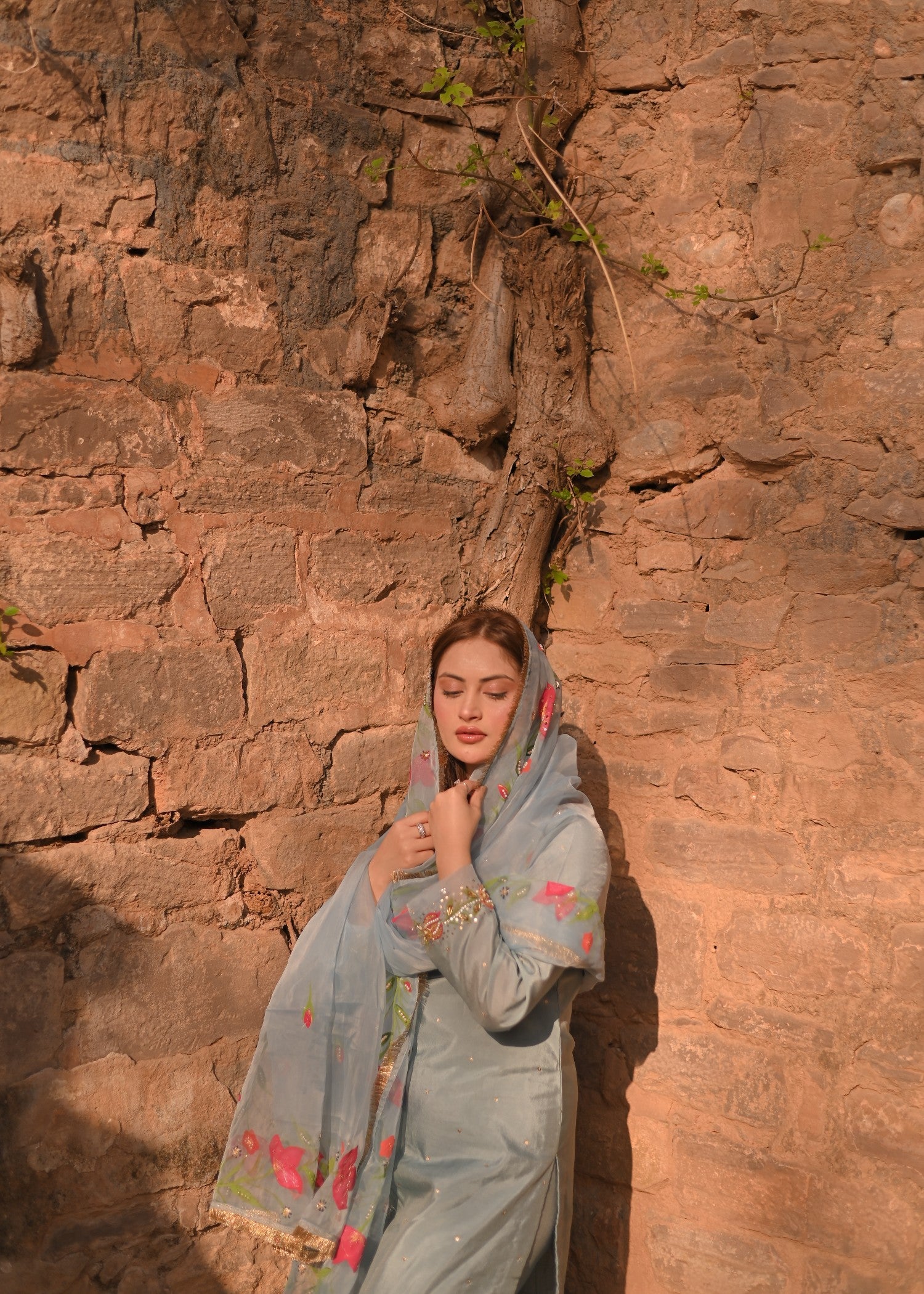 silk crepe Kurta Set in Light blue